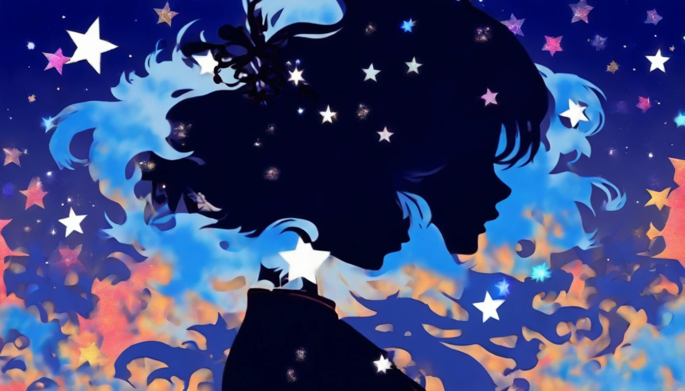 (Silhouette Art,cutouts:1.6)
(((Paper cutting art,A world where only black exists:1.3)

(Cowboy Shot),1 girl,Solo,
(Kimono Girl,profile:1.2),white, Clear and beautiful face,

BREAK
(Deep blue、constellation)
Textured glass background,