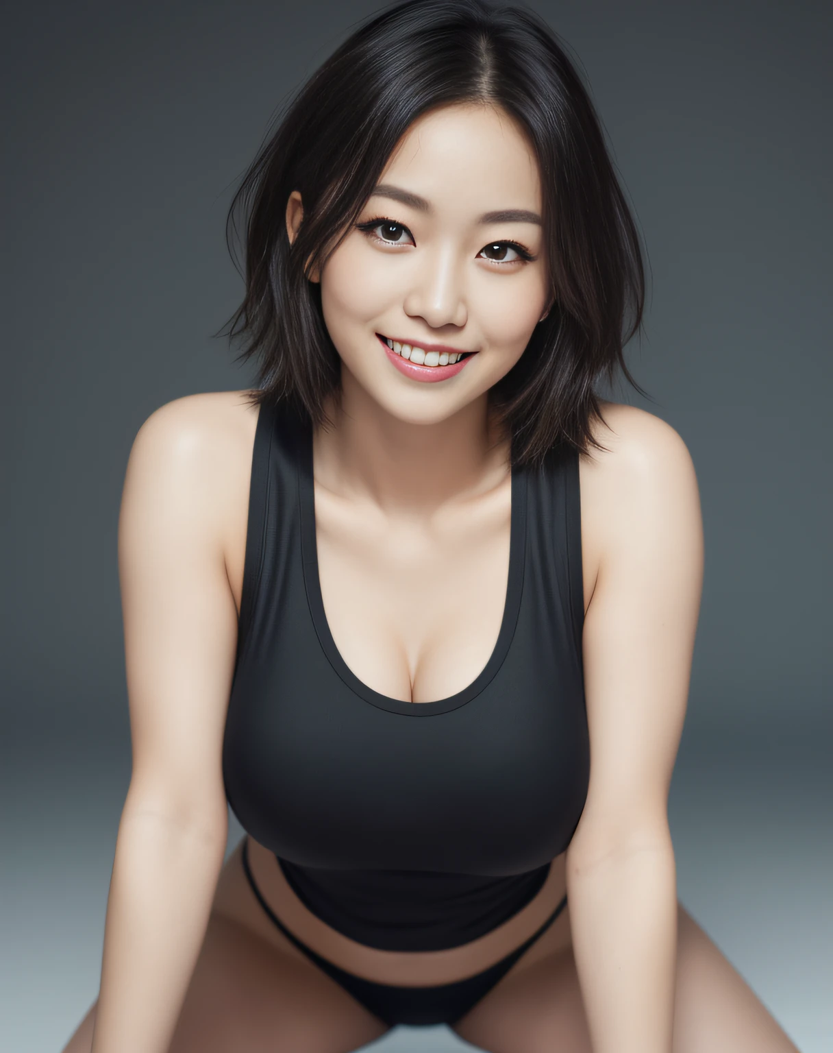 top-quality, masterpiece, ,The ultra -The high-definition,(((Portrait photos)))、 (photorealisim: 1.4),(((A smile))),(((gazing at viewer))),(((Colossal tits))),(((taut breasts))) ,(((Clothing that clearly shows the shape of the chest))), (Short) (splendid) ,Cute, Standing, (huge smile), (Closed mouth) , ((Beautiful black eyes)),((( A dark-haired))),(Volleyball uniform), Full Body Display, ((Tank top)),(Open legs) ((Best Quality)),((Ultra-detailed)), Volleyball court background, Naughty face, (large full breasts), (Pretty_) Beautiful detailed body, Detailed eyes,(Best Quality), Nikon Z9, 30mm lens, sharp focused face, F/4, ISO 200, shutter 1/250, Beauty Light, medium shot, ..raw ,Intricately detailed, winning artwork, good contrast, High Sharpness, Facial symmetry, Bokeh, Ultra-detailed