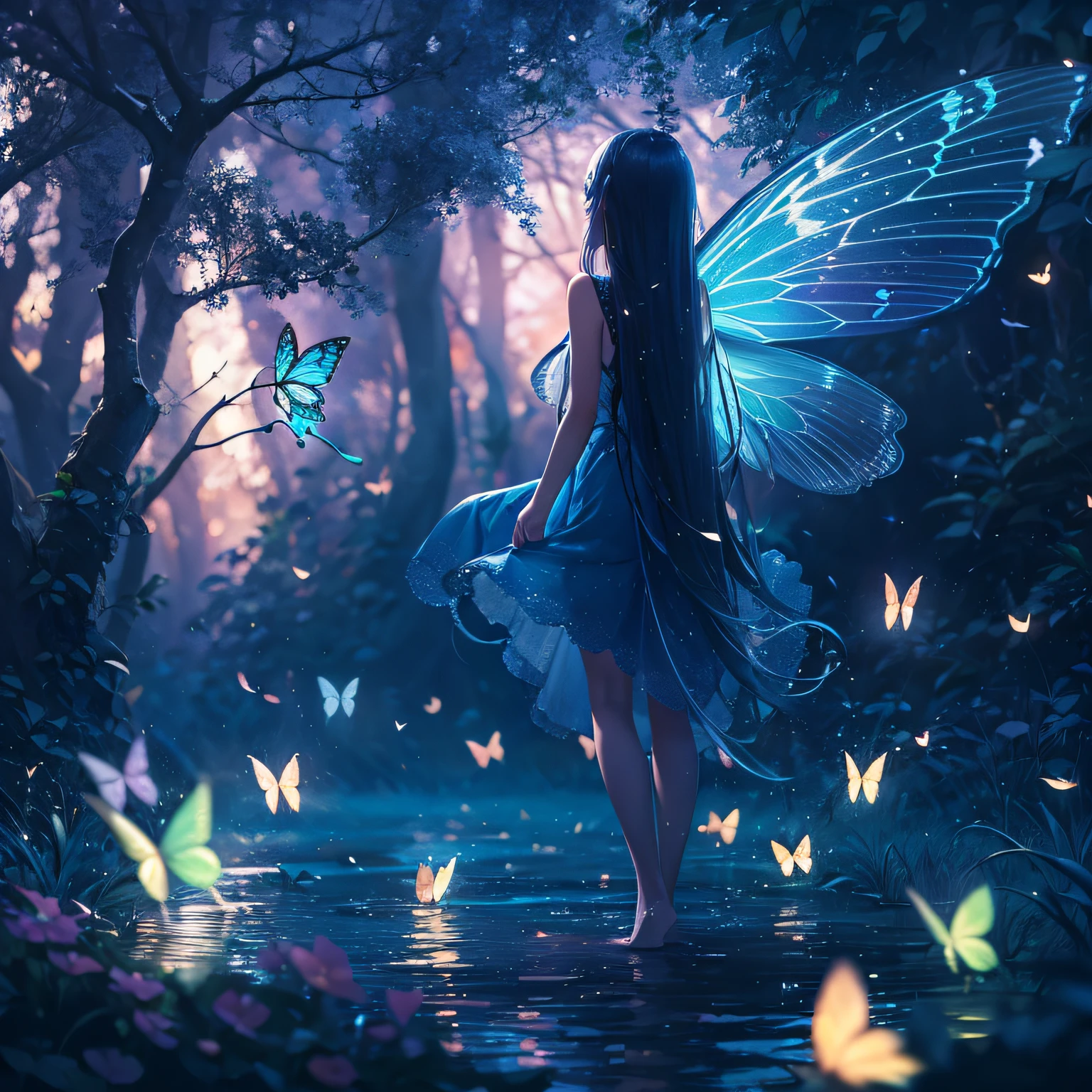 1girll, Nature, forest, Wings, Butterfly, Bugs, tree, Solo, Long hair, dress, Light particles, Fairy, Outdoors, scenery, Glowing, water, fantasy, Butterfly wings, Blurry, Barefoot, Fairy wings, Blue dress, Depth of field, glowworm