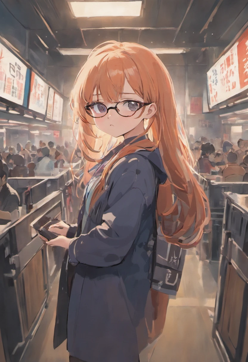 a pretty girl, wearing glasses; non-uniform; in police station; asian; japanese comics cover;