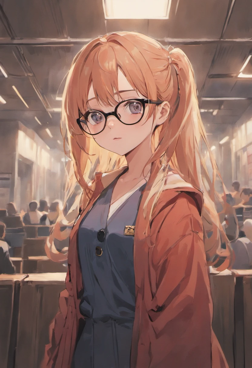 a pretty girl, wearing glasses; non-uniform; in police station; asian; japanese comics cover;