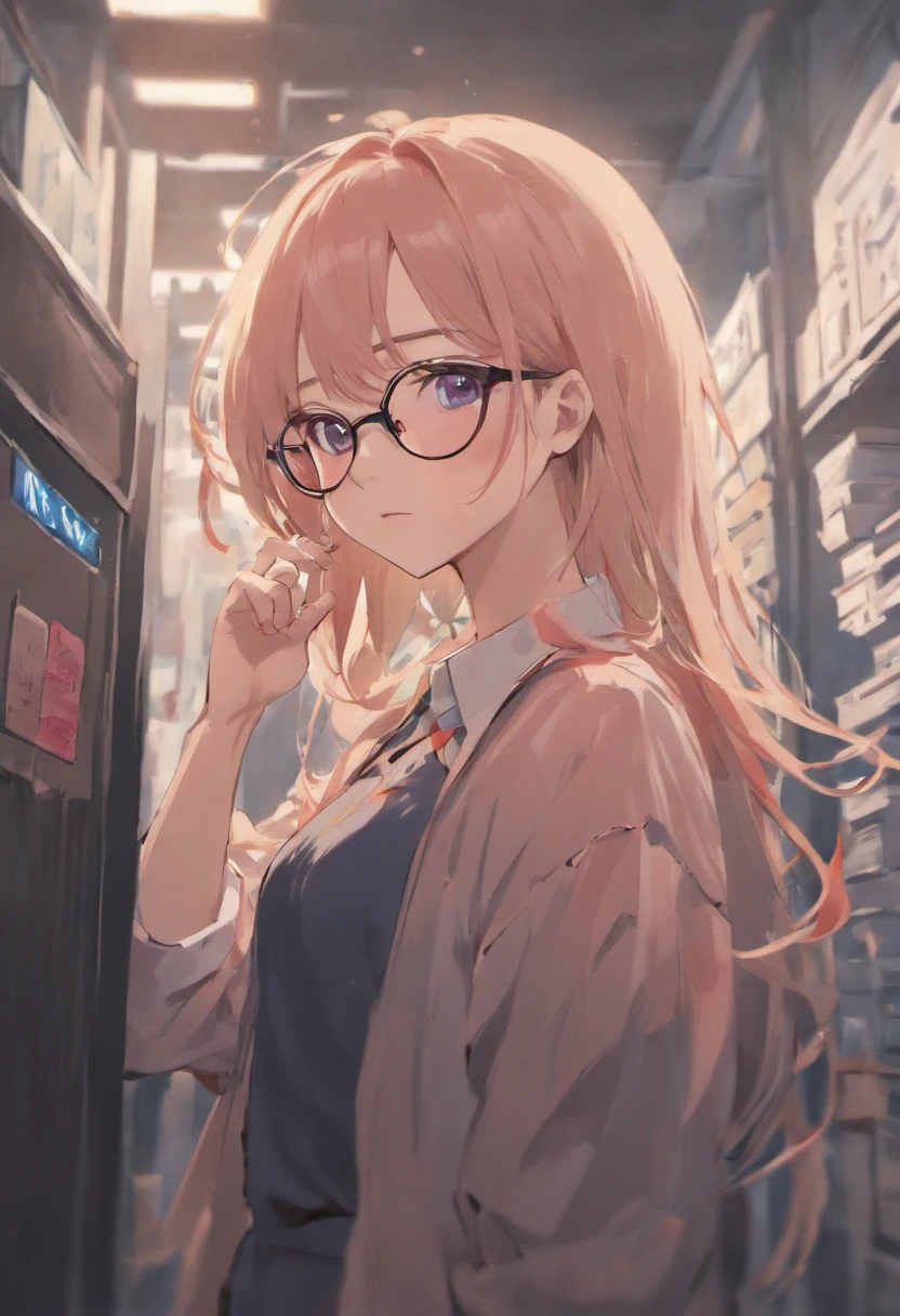 a pretty girl, wearing glasses; non-uniform; in police station; asian; japanese comics cover;