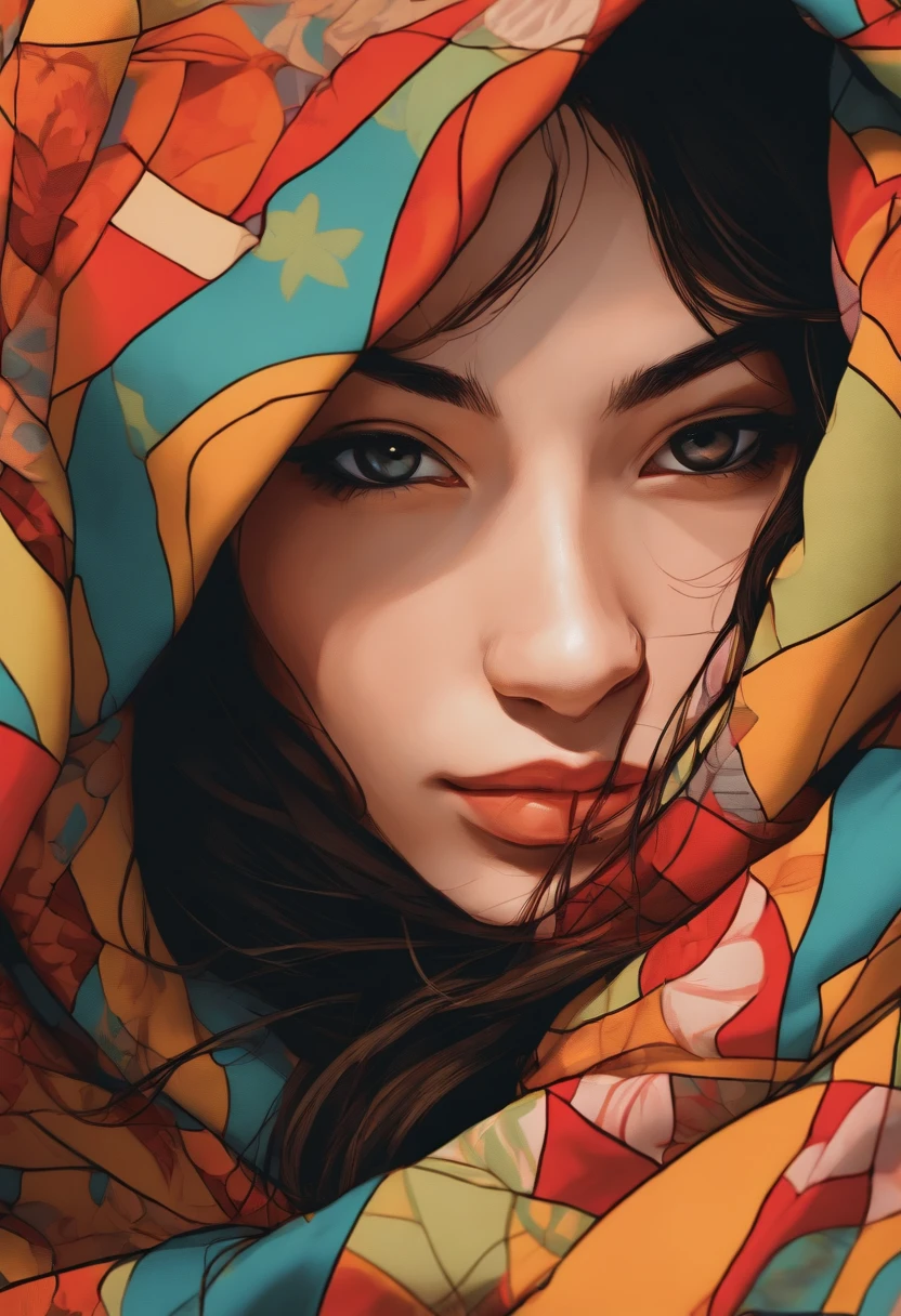 Close-up professional photo of a young woman wrapped in colorful warm quilt, cel shading, bold outlines, Flat colors, Sharp shadows, Graphic style, (manga influence:1.3), clean linework, striking visual effects,Comic