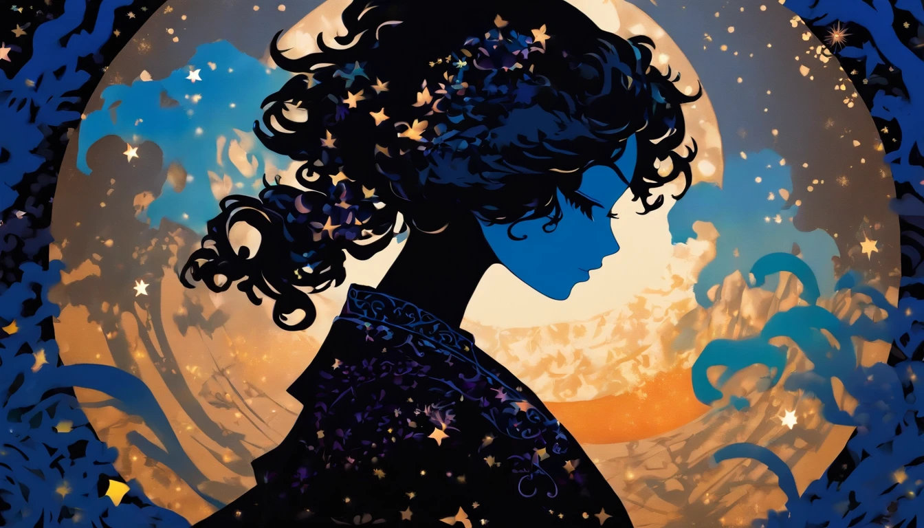 (Silhouette Art,cutouts:1.6)
(((Paper cutting art,A world where only black exists:1.3)
(Cowboy Shot),1 girl,Solo,
(Kimono Girl,profile:1.2),white, Clear and beautiful face,
BREAK
(deep blue、constellation、Oyster)
Textured glass background,