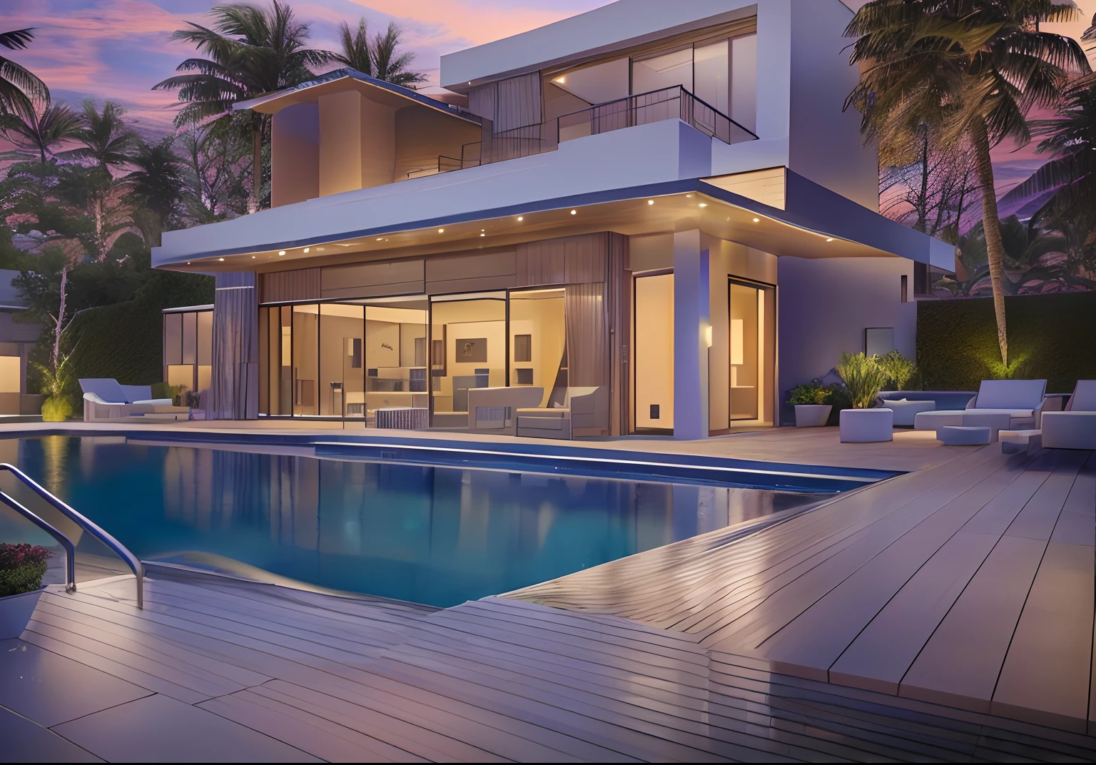 Ala Fed Modern House with pool and palm trees at sunset, Large modern mansion, Contemporary House, high quality render, ultramodern, Modern house, Accurate architecture rendering, architectural rendering, Rack Score Rendering, award-winning render, rendered, a photorealistic rendering, concept house, Architectural Visualization, 3D Rendering, 3d rendered, Stunning rendering, Modern setting