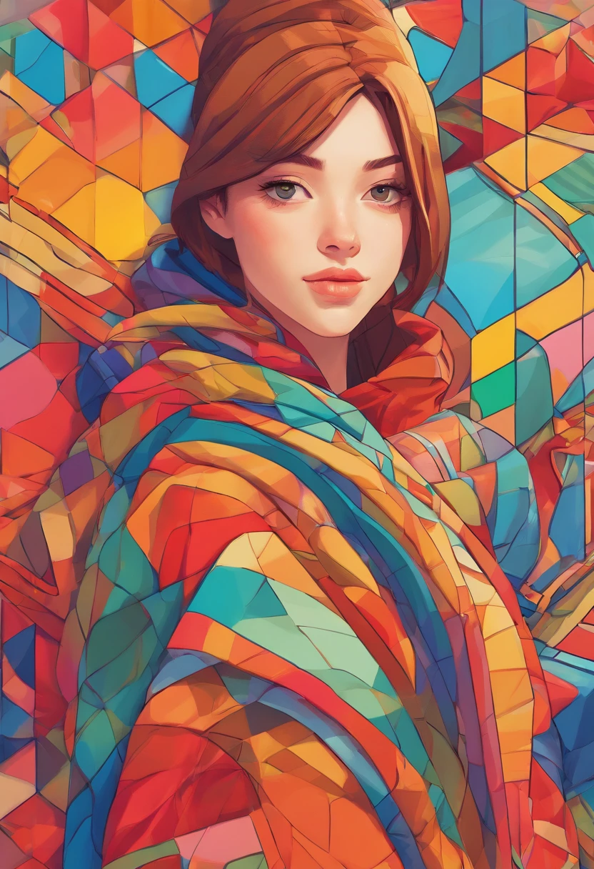 Close-up professional photo of a young woman wrapped in colorful warm quilt, cel shading, bold outlines, Flat colors, Sharp shadows, Graphic style, (manga influence:1.3), clean linework, striking visual effects,Comic