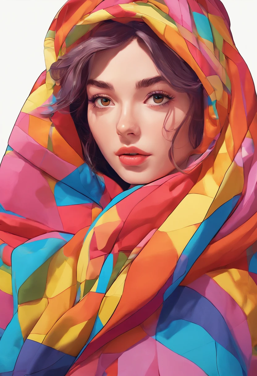 Close-up professional photo of a young woman wrapped in colorful warm quilt, cel shading, bold outlines, Flat colors, Sharp shadows, Graphic style, (manga influence:1.3), clean linework, striking visual effects,Comic