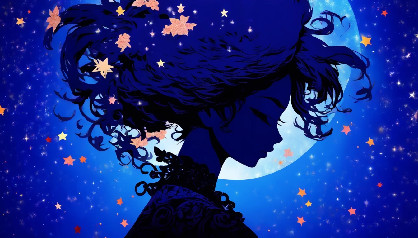 (Silhouette Art,cutouts:1.6)
(((Paper cutting art,A world where only black exists:1.3)
(Cowboy Shot),1 girl,Solo,
(Kimono Girl,profile:1.2),white, Clear and beautiful face,
BREAK
(deep blue、constellation、oyster)
Textured glass background,