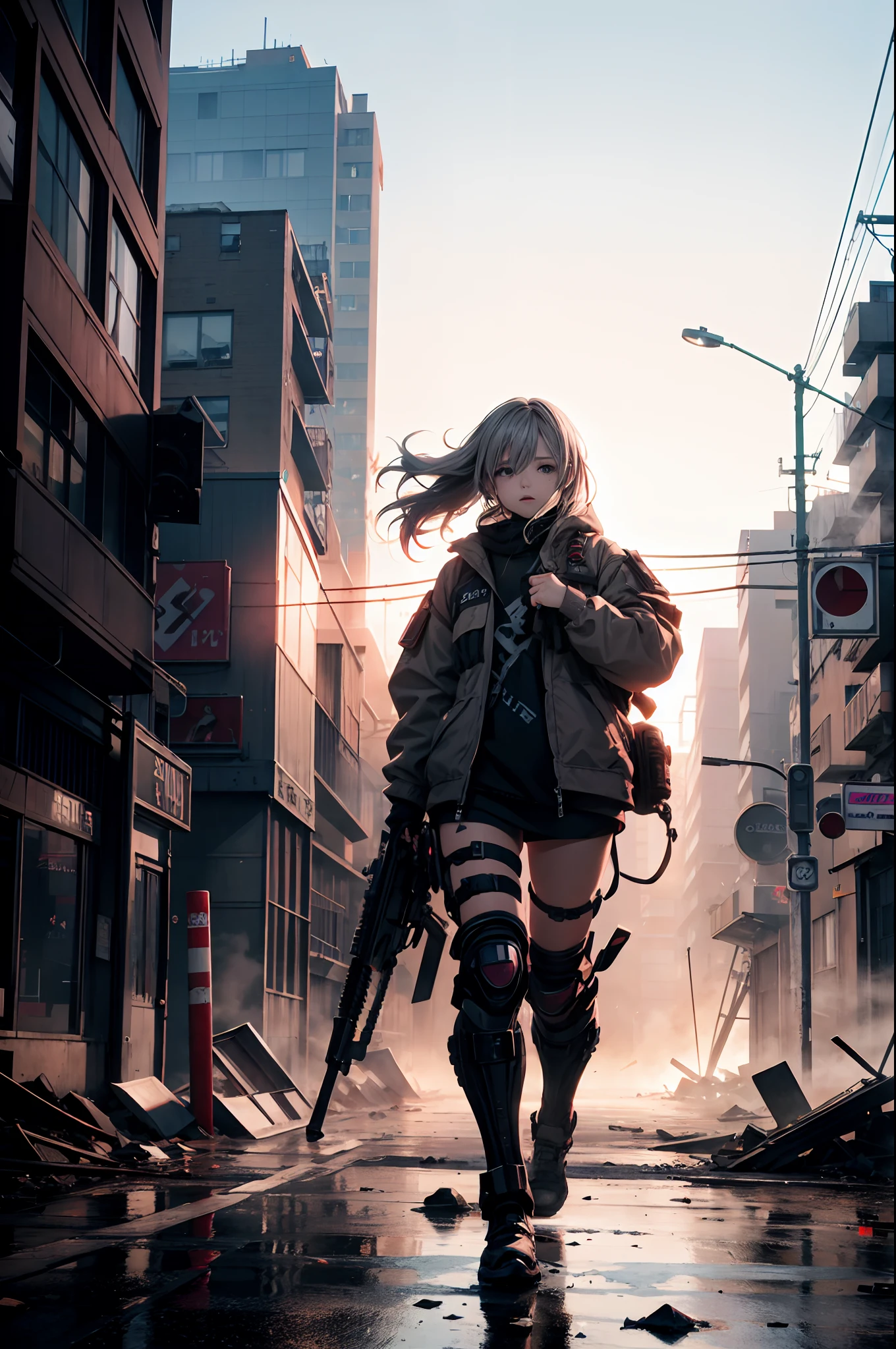 masterpiece, best quality, high resolution, rich details, 8k, extreme light and shadow, 1girl, perfect face, perfect eyes, image of a beautiful young girl, wearing torn tactical gear, armored white bear, walking down a desolated street in a collapsed city, post apocalypse, smoke and fog in the air, BREAK red, yellow gray sky covered with violet toxic cloud, collapsed building, broken street, tall body, detailed face, detailed eye, cold face, dirty, (post apocalypse theme),