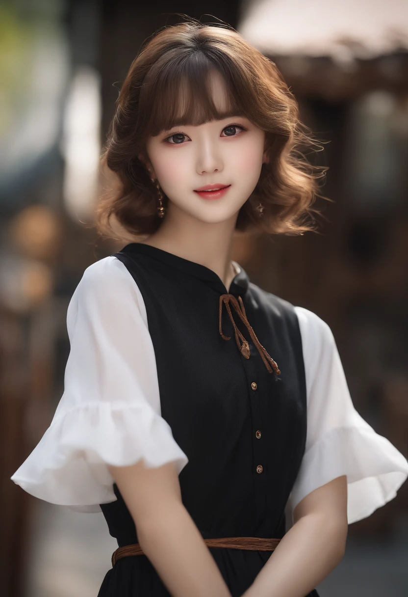 (8k、RAW Photography、top-quality、masuter piece:1.2)、ultra-detailliert、ultra res、(realisitic、rialistic photo:1.37)、portlate、high-definition RAW color photography、Professional Photography、highly detailed and beautiful、ighly detailed、8K wallpapers、amazing detailed、huge filesize、Official Art、Highly detailed CG Unity 8k wallpapers、highly detailed beautiful girl、extra detailed face、extremely detailed eye、highlydetailed skin、extremely detailed fingers、highly detailed nose、very detailed detailed mouth、Perfect Anatomy、highly detailed back ground、Highly detailed clothing、 1 人、(18:1.2)、Teete little us Japan idol、cute little、Realistic body、小柄、de pele branca、glistning skin、Slim body、handsome body、brown haired、Short constricted curly hair、(Blunt bangs:1.2)、a smile、kawaii、zora々Right、kawaii faces、lifelike face、Delicat eyes、Sauce order、White T-shirt、skirt by the、耳环、Looking at the camera、cowboy shot、front facing、Standing、Contrapo, high street, public, 动态照明
