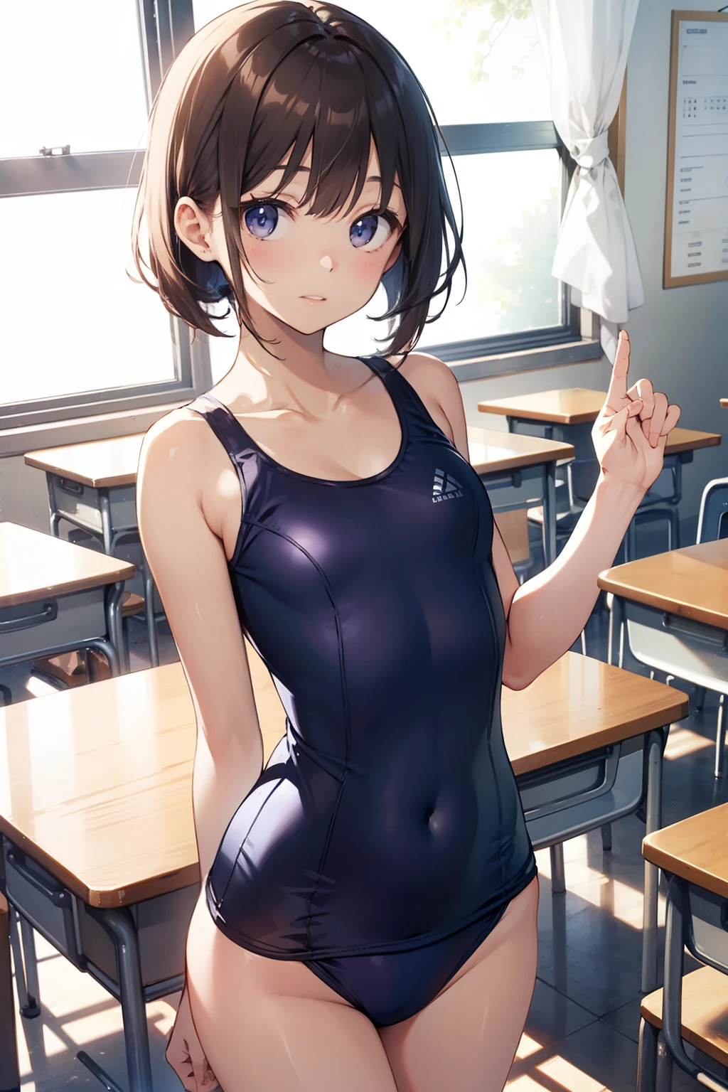 top-quality、Full limbs、complete fingers、Slender beauty、straight haired、poneyTail、Sailor School Swimsuit、Small eyes、‎Classroom