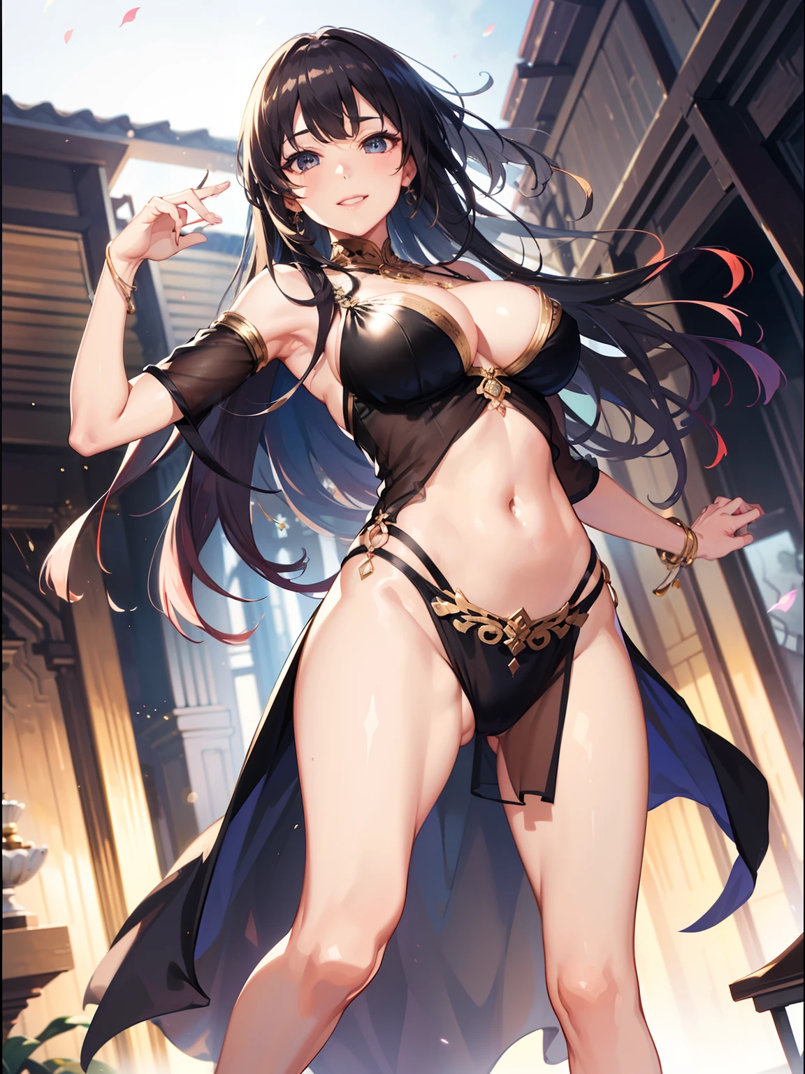 ((Ultra high resolution, 8K RAW photo, super realistics)), ((correct anatomy:1.5)), dancing Oppai gal, swinging boobs, stepping hard, leg up, long wavy hair, silver and pinpoint crimson hair, floating hair, fluttering hair, (high detailed face, super detailed eye), (sfw:1.25), belly dance, Arabian, delicate detailed clothes and accessories, see-through clothes, mesh robe, great festival show, special altar, sexy dance, leaning backward, showing off crotch, looking at viewer, sexy smile, dutch angle, from below, floating extra see-through clothes, in front of temple, splash, bokeh, extra floating see-through clothes,