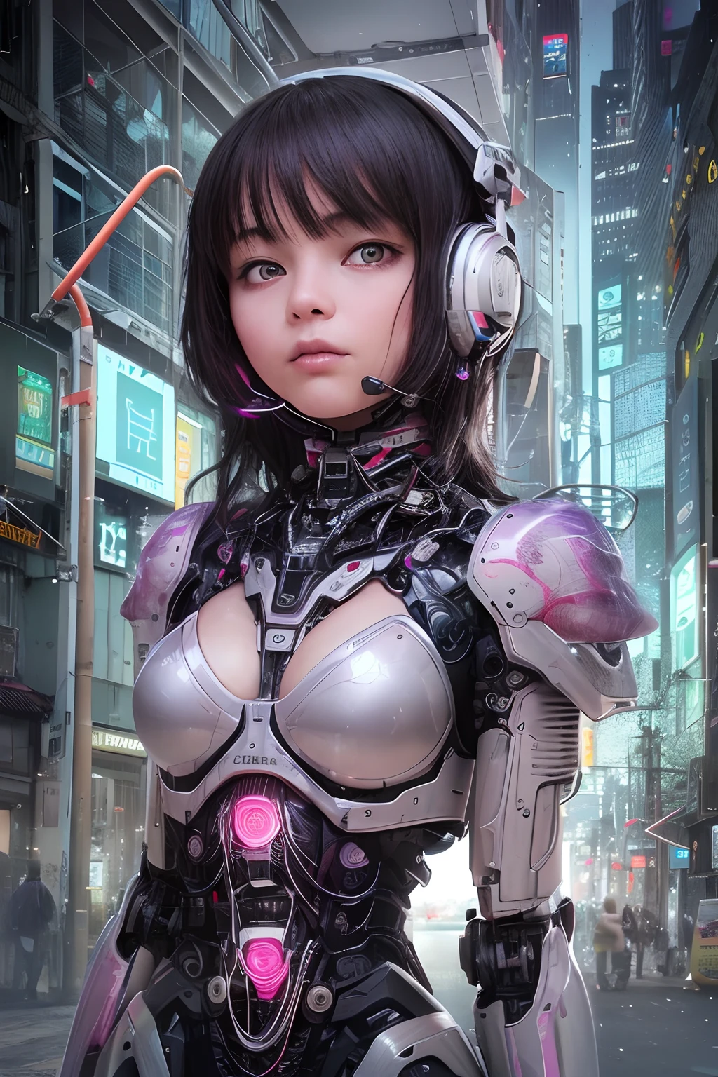 Top quality, masterpiece, ultra high resolution, (photorealistic: 1.4), raw photo, futuristic town perspective, futuristic skyscrapers, 12 year old girl standing on a futuristic street corner, black hair, shiny skin, 1 Gundam girl, (((ultra-realistic details)), sidmead-style mecha design, portrait, global illumination, shadow, octane rendering, 8K, Ultra Sharp, Big, Cleavage Exposed Raw Skin, Metal, Intricate Ornamental Details, Headset, Hydraulic Cylinder, Very Intricate Details, Realistic Light, CGSoation Trend, Purple Eyes, Glowing Eyes, Facing the Camera, Neon Details, Mechanical Limbs, Blood Vessels Connected to Tubes, Mechanical Vertebrae Attached to the Back, Mechanical Cervical Attachment to the Neck, sitting, wires and cables connecting to the head, Gundam suit, cyberpunk, small LED lamps,