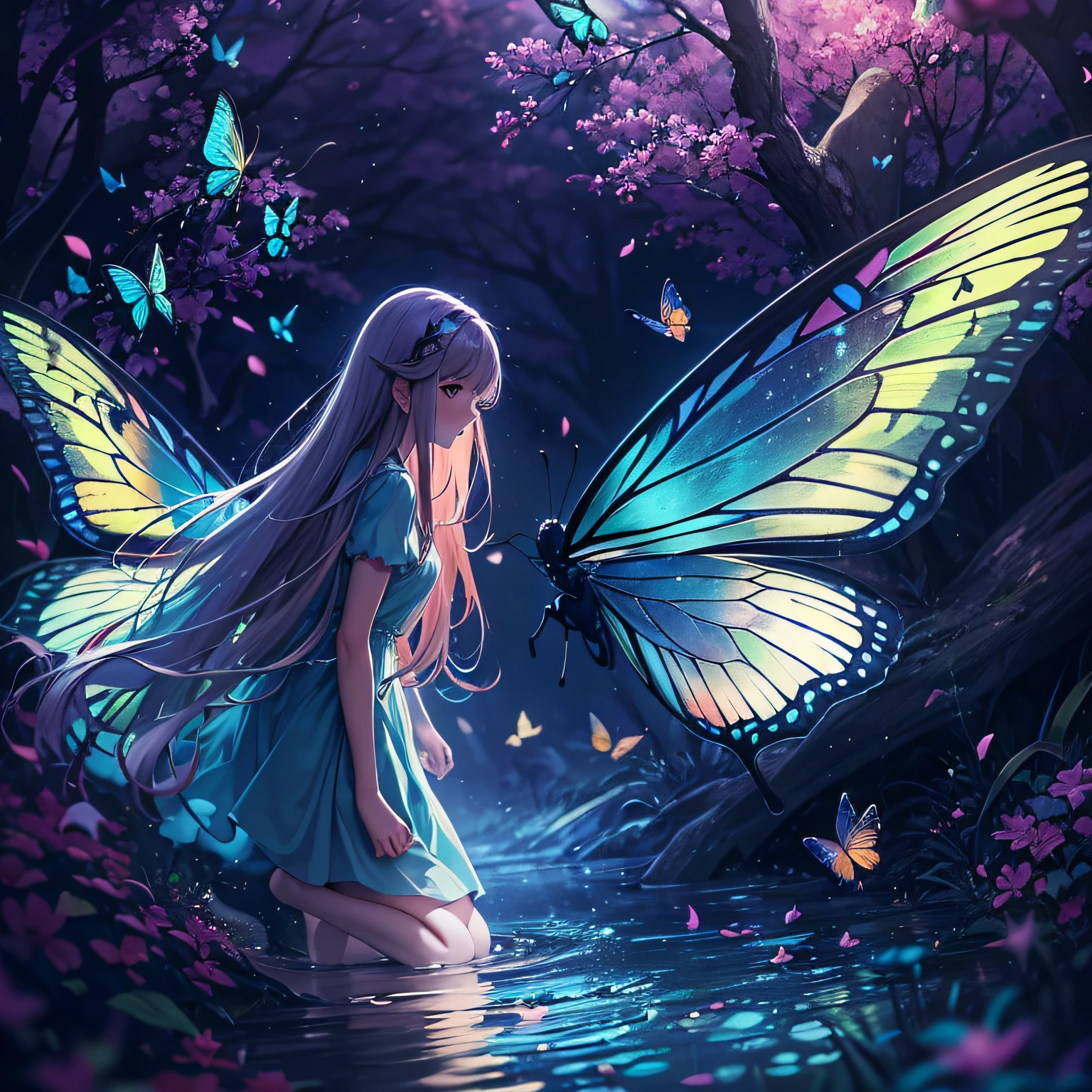 1girll, Nature, forest, Wings, Butterfly, Bugs, tree, Solo, Long hair, dress, Light particles, Fairy, Outdoors, scenery, Glowing, water, fantasy, Butterfly wings, Blurry, Barefoot, Fairy wings, Blue dress, Depth of field, glowworm