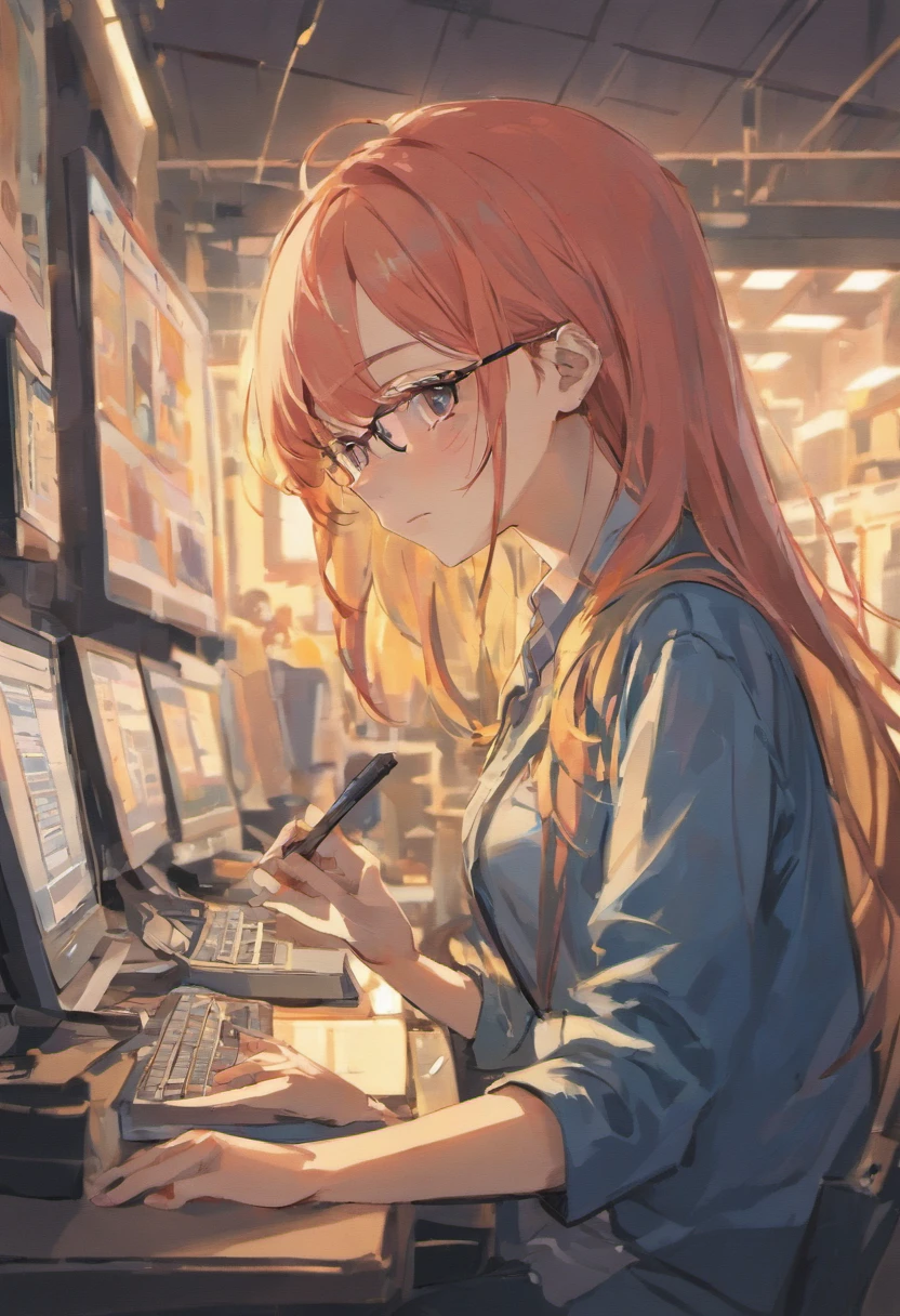 a pretty girl wear glasses non-uniform; a young man 
Use a computer to record ; in a police station; asian; japanese comics cover;