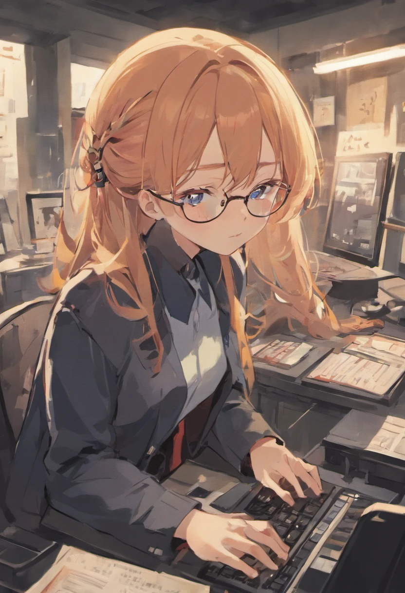 a pretty girl wear glasses non-uniform; a young man
Use a computer to record ; in a police station; asian; japanese comics cover;
