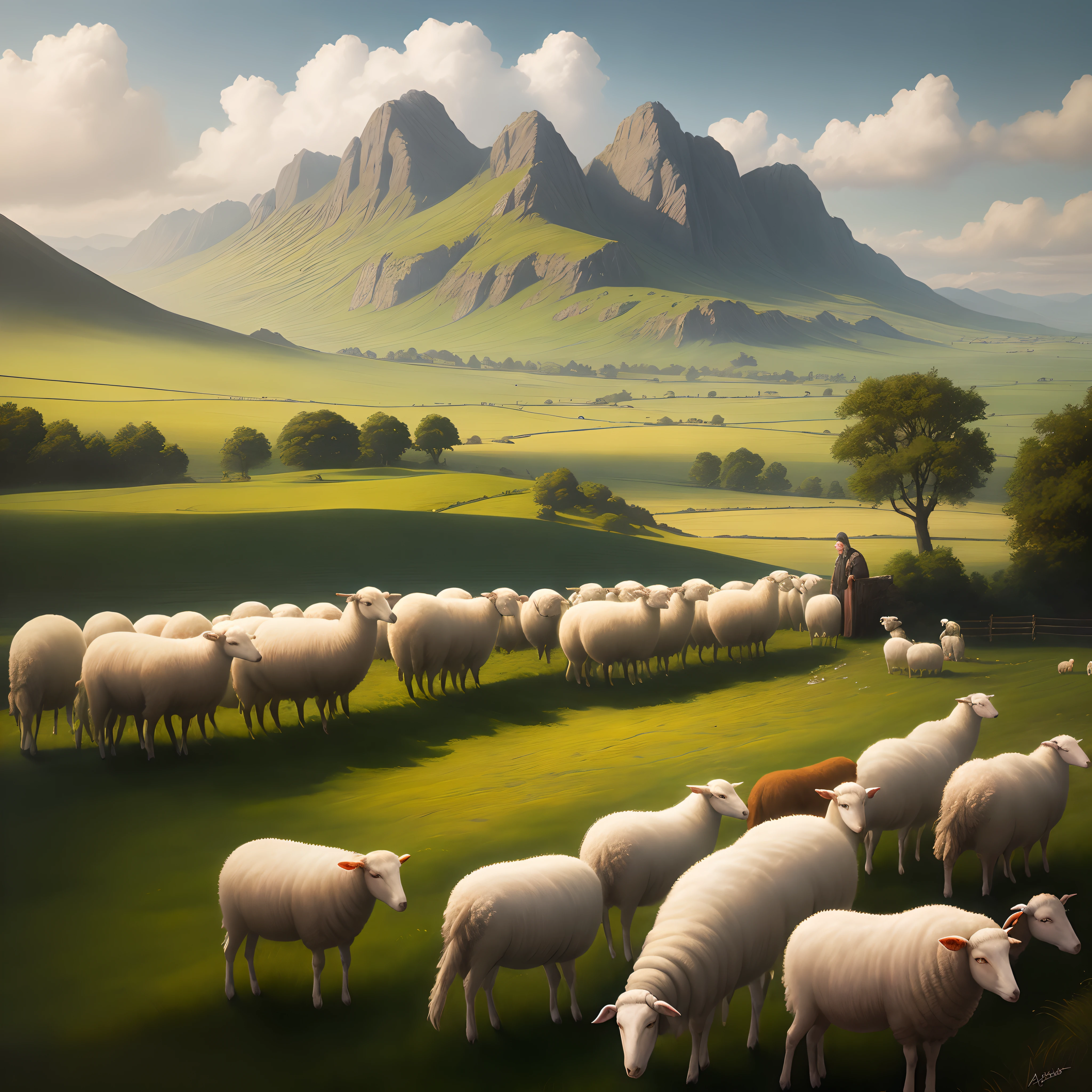 Old shepherd with a flock of sheep, green land, outstanding landscape, peaceful place, realistic,artgem,wlop, real sheep faces