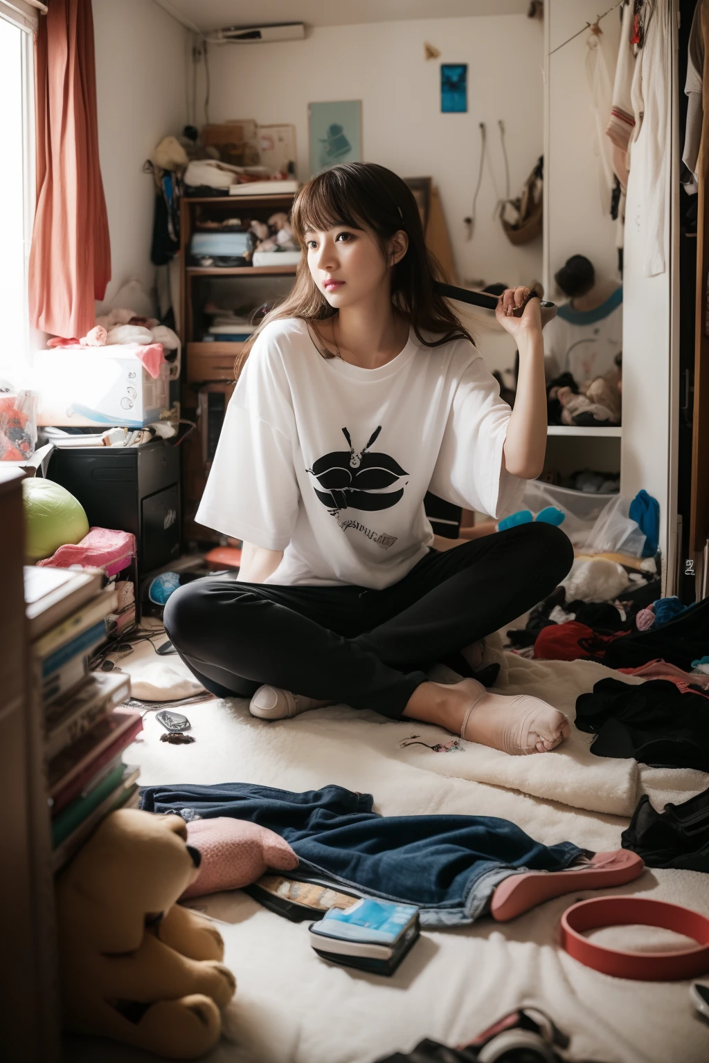 Small, cluttered room、Adult toys are cluttered、Sweaty、Sit sloppily、Unkempt hair、Wear only a T-shirt that is too big、age 30s、Bored look
