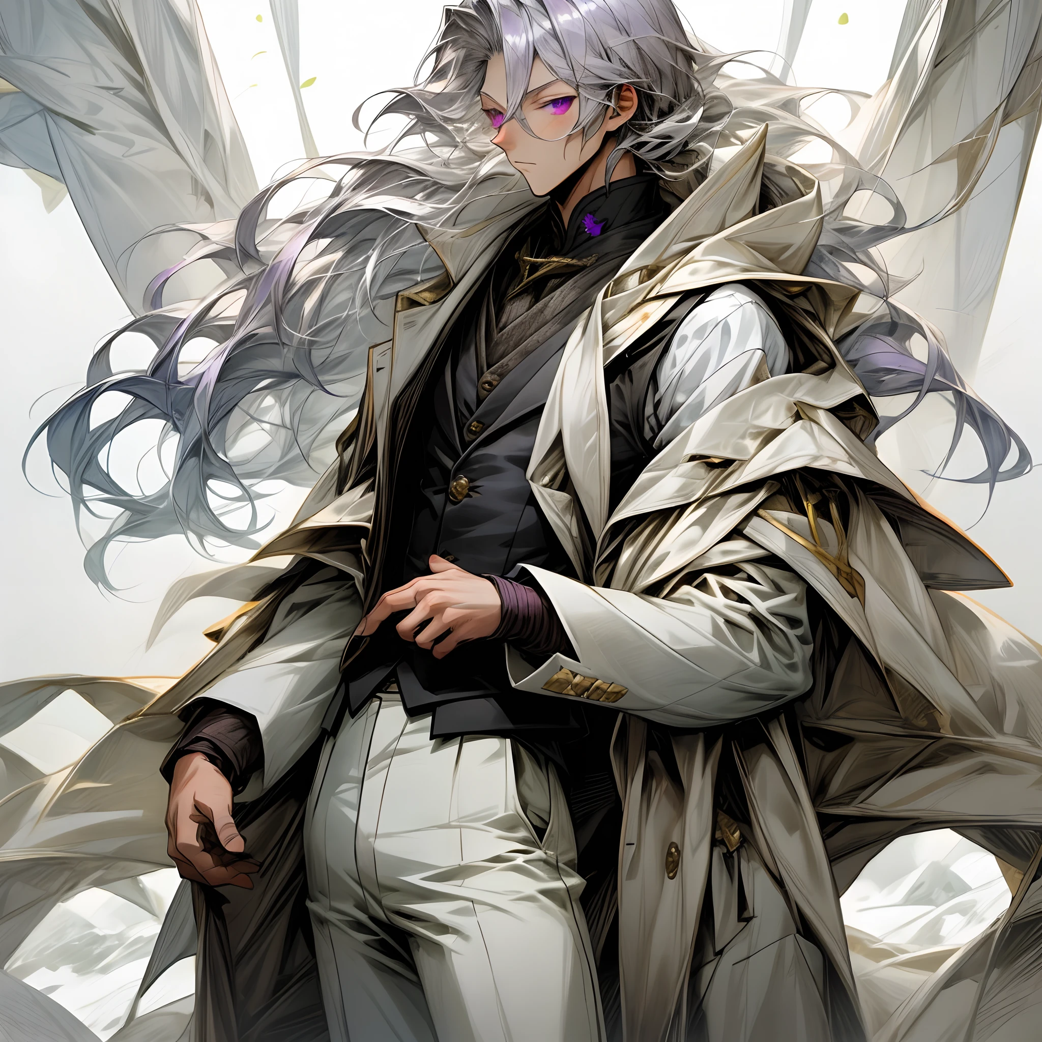 snow field，Boy，White suit，18yr old，Silvery hair，purple eyes，tmasterpiece，black vest