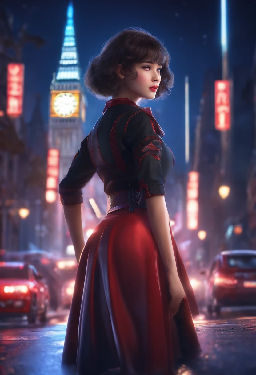 ((masterpiece)), (best quality),, official art, extremely detailed CG unity 8k wallpaper, highly detailed, shiny skin, Depth of field, vivid color,, 1girl, (curvy:0.4), (full body:0.6),, short hair, bangs, red eyes, skirt, looking at viewer, night, street, neon, looking back, star (sky), crowd, upper body,