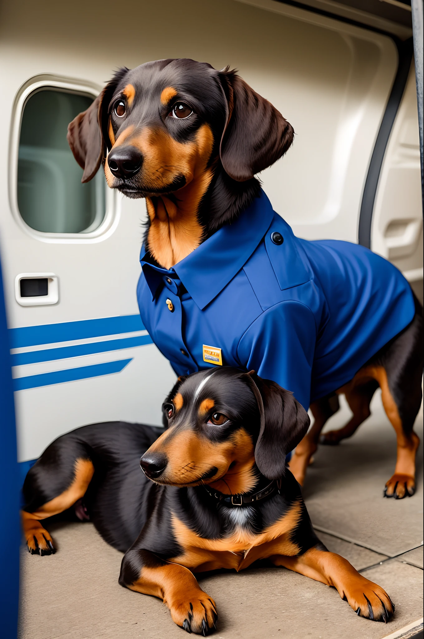 Dark brown Daschund dog wearing blue flight attendant uniform