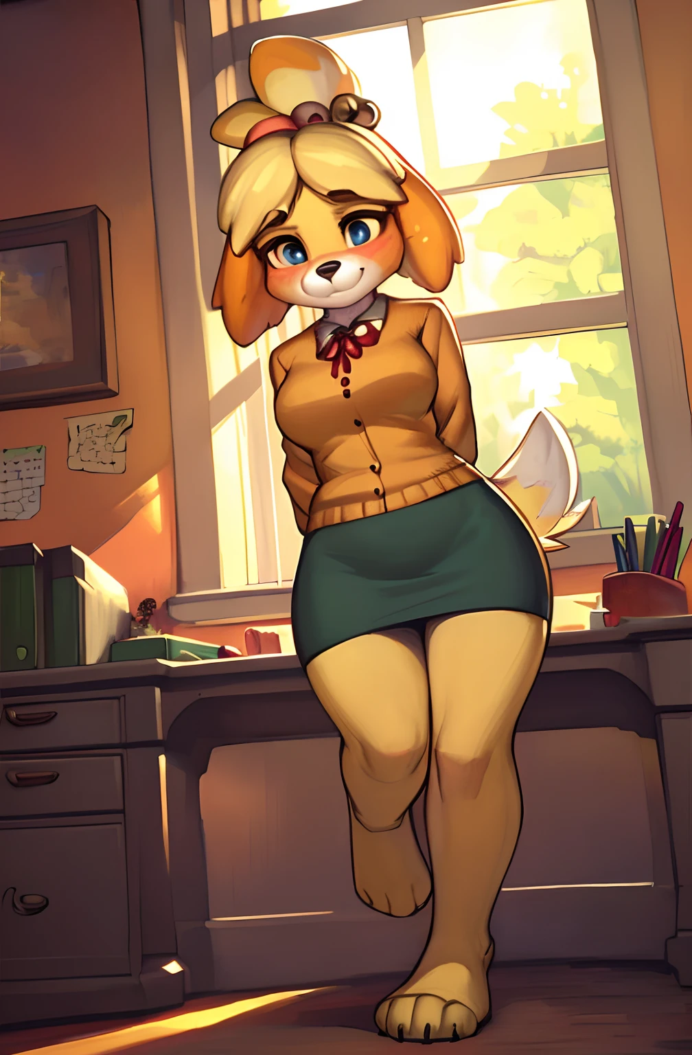 [isaCrossing], [Isabelle; Animal Crossing], [Uploaded to e621.net; (Pixelsketcher), (wamudraws)], ((masterpiece)), ((solo portrait)), ((front view)), ((feet visible)), ((furry; anthro)), ((detailed fur)), ((detailed shading)), ((beautiful render art)), {anthro; (yellow fur, black nose), small brown eyebrows, cute blue eyes, cute smile, (blushing), blonde hair, (bells in hair), topknot, fluffy tail, (beautiful feet)}, {(office woman), (red ribbon), (orange sweater), small boobs, (short green pencil skirt)}, {(arms behind back), (standing), (pigeon-toed)}, [background; (office), (window), (sun rays)]