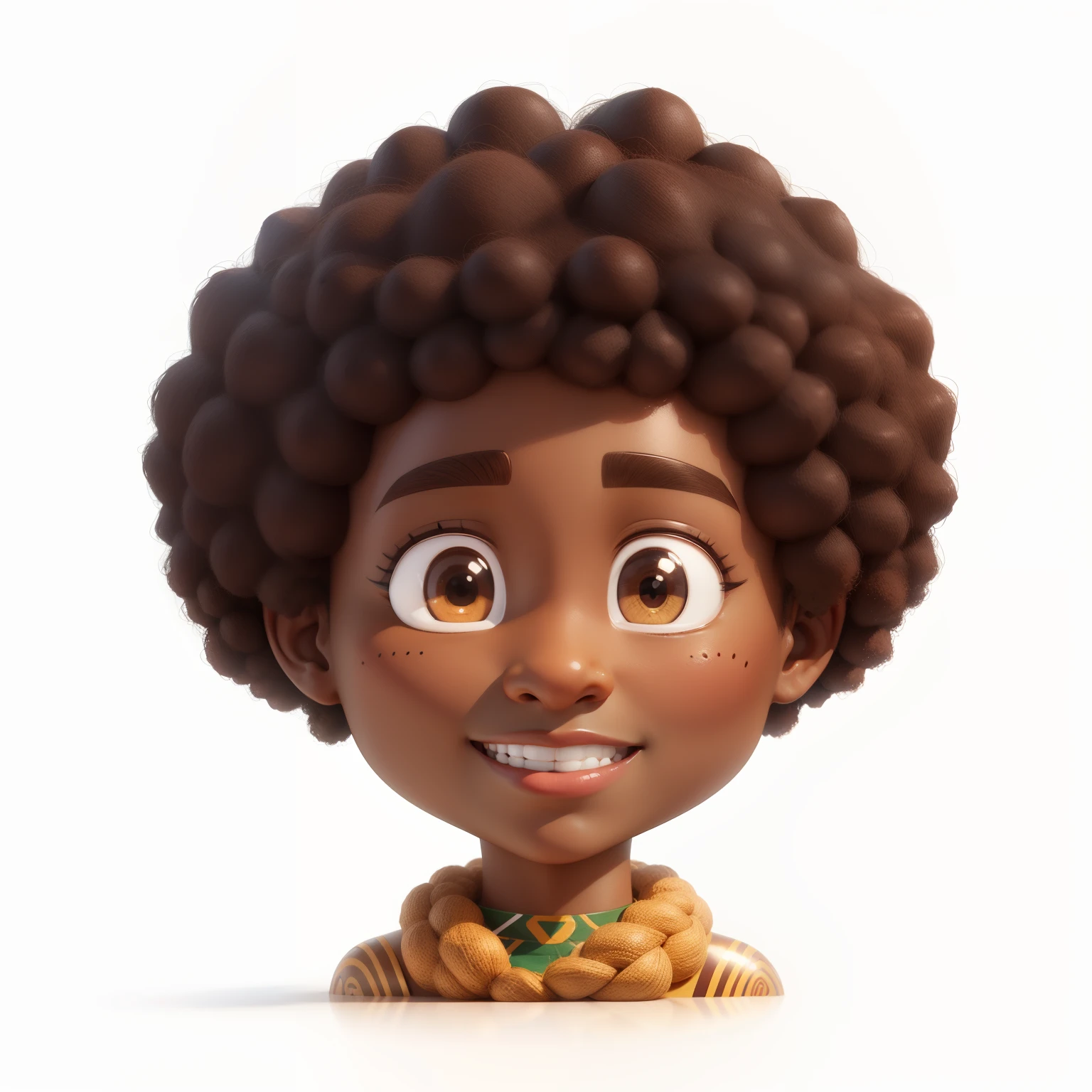 3d Apple-Memoji styled avatar, round head shape, brown skin, almond shape eyes, simple smile, African tribal mark on face, Afro hair --s 750 --upbeta --q 2 --v 5.1