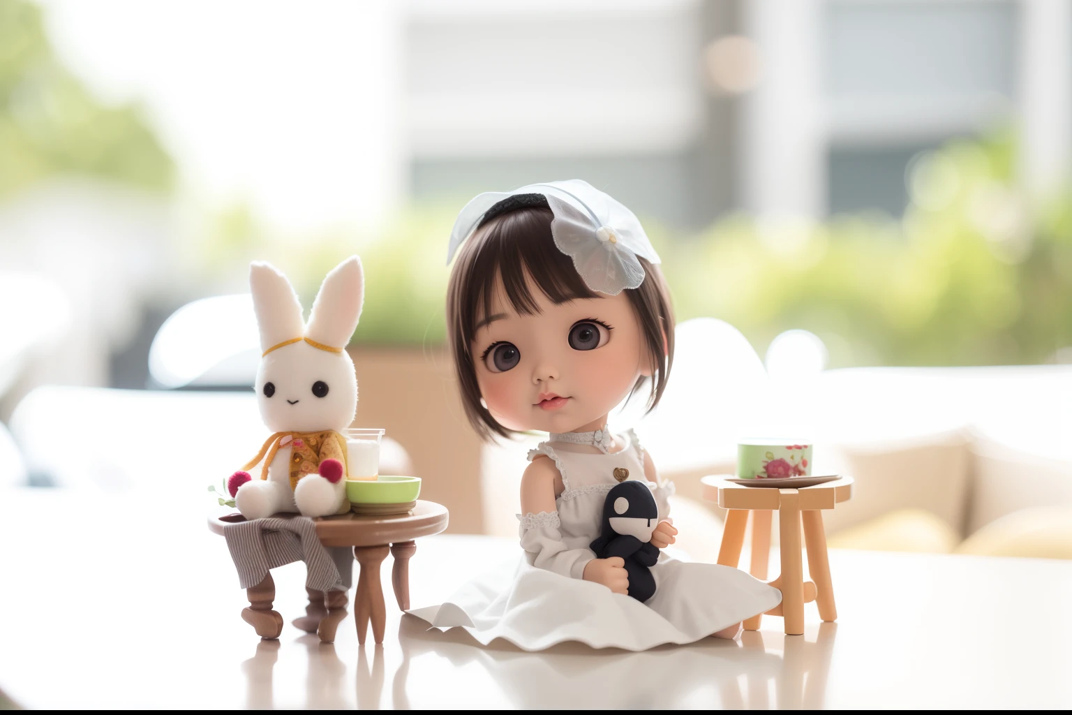 On the table sat a doll,There is a doll and a small table, plushie photography, artdoll, toy photography, ooak, Photo taken with Nikon D 7 5 0, Photo taken with Nikon D750, , cute cute, author:Chen Tingfo, Cute Pocelain doll, shot with canon eoa 6 d mark ii