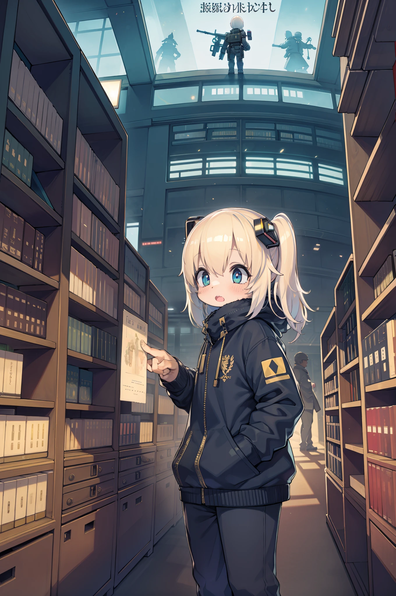 A huge futuristic library with thousands of books. A cyberpunk ??? in the center of the library is in awe