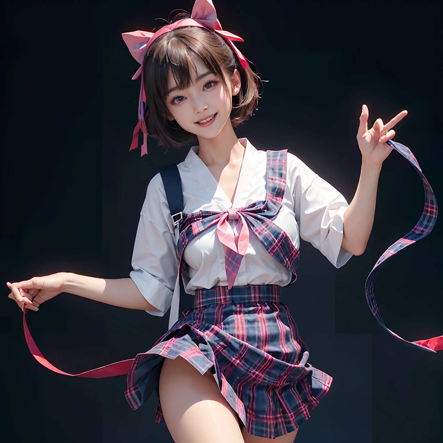 (((:1.3)))、Smile full of happiness、dark brown short hair、Expression in a state of excitement、Lacking、panting、pubick hair、cute face、a beauty girl、Big beautiful blue eyes、nearly naked、((Japanese Schoolgirl Costume、White shirt、Dark blue neck ribbon red and pink plaid super mini skirt))、eye glass、a beautiful slender girl、Big beautiful smile