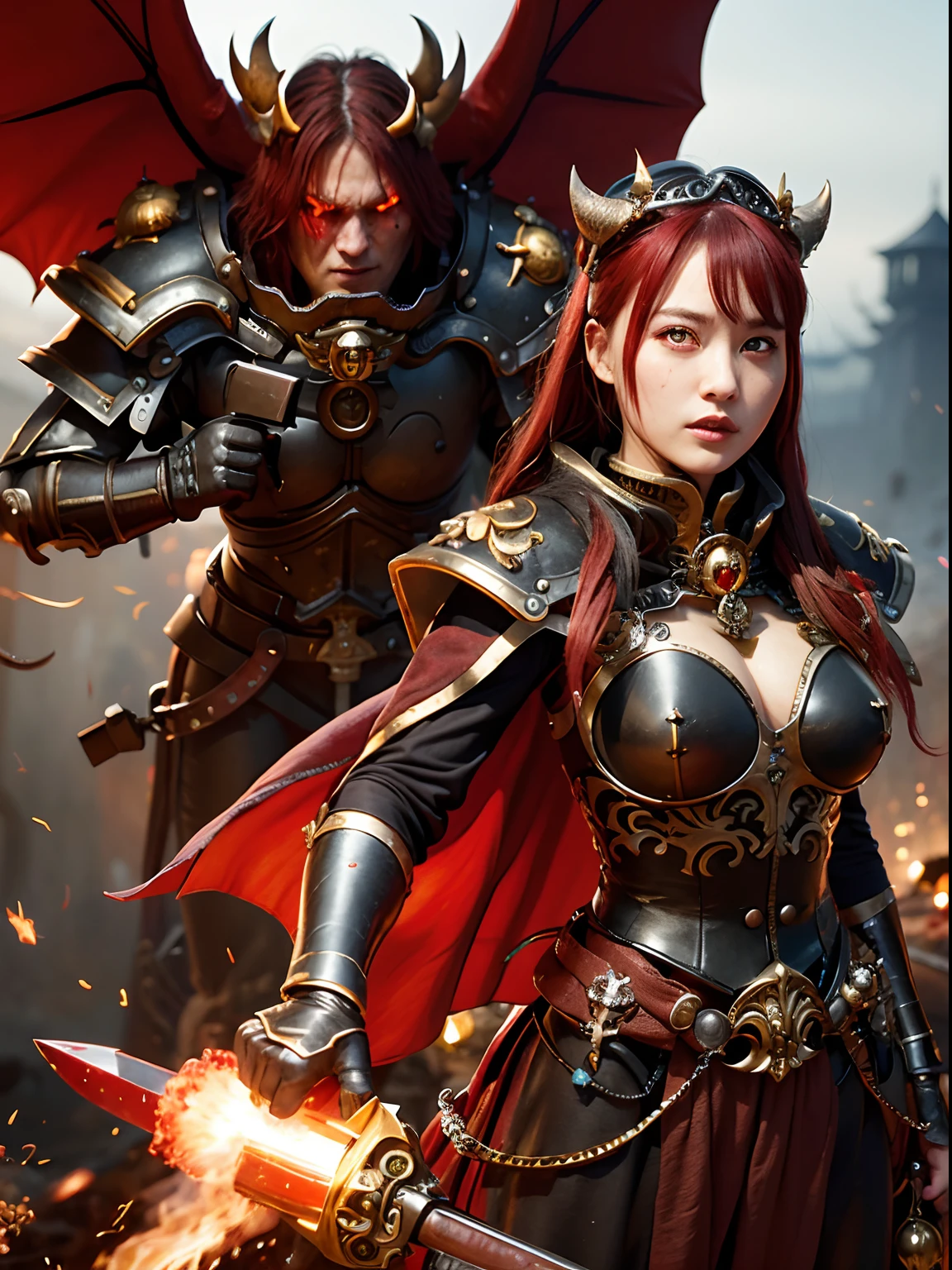 (masutepiece), Professional , ​masterpiece、top-quality、photos realistic , depth of fields 、（Gemstone Black Metal Body:1.９),(Matte Black、（cleavage of the breast）、Dragon Gold Weapon（Dragon Metal Body:1.４),Gorgeous gold weapons ,（（ Dragon's dense and gorgeous sword）） , Ultimate Beauty   ,warhammer 40k , adepta sororitas,Detail and gorgeous crown、（（Blue hair））、（Castle background）、The dragon、（（Gangle's forest background））、Beautiful Caucasian beauty、（１a person）、dynamic ungle,(((Detailed and ornate Black Devil Crown)))、Smaller head、A smile、Castle background、Thin and beautiful female hands、cleavage of the breast、Soldier in iron armor on background、Mystical expression、Light Effects、Wind-effect、magic circles、With the legendary magic wand、（demonic wings）、（Blue hair）、（1 persons）、Battle Look、Anatomically correct body、Toostock、Toostock、