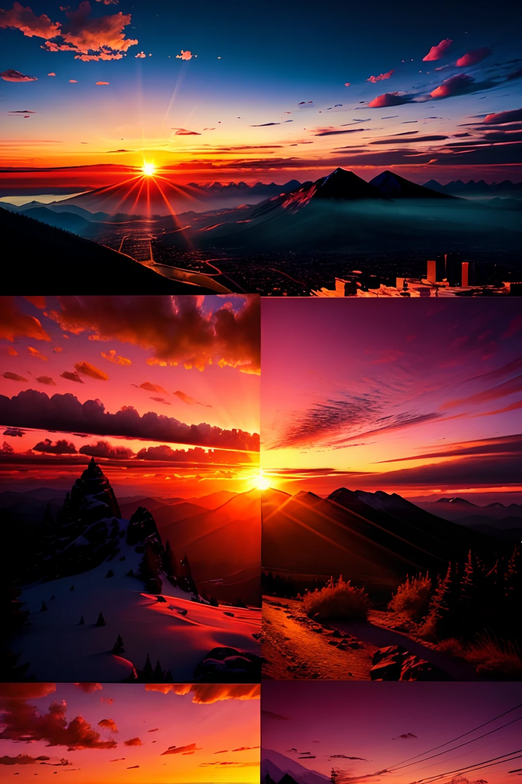 -A vibrant sunrise or sunset with silhouettes of mountains in the background.