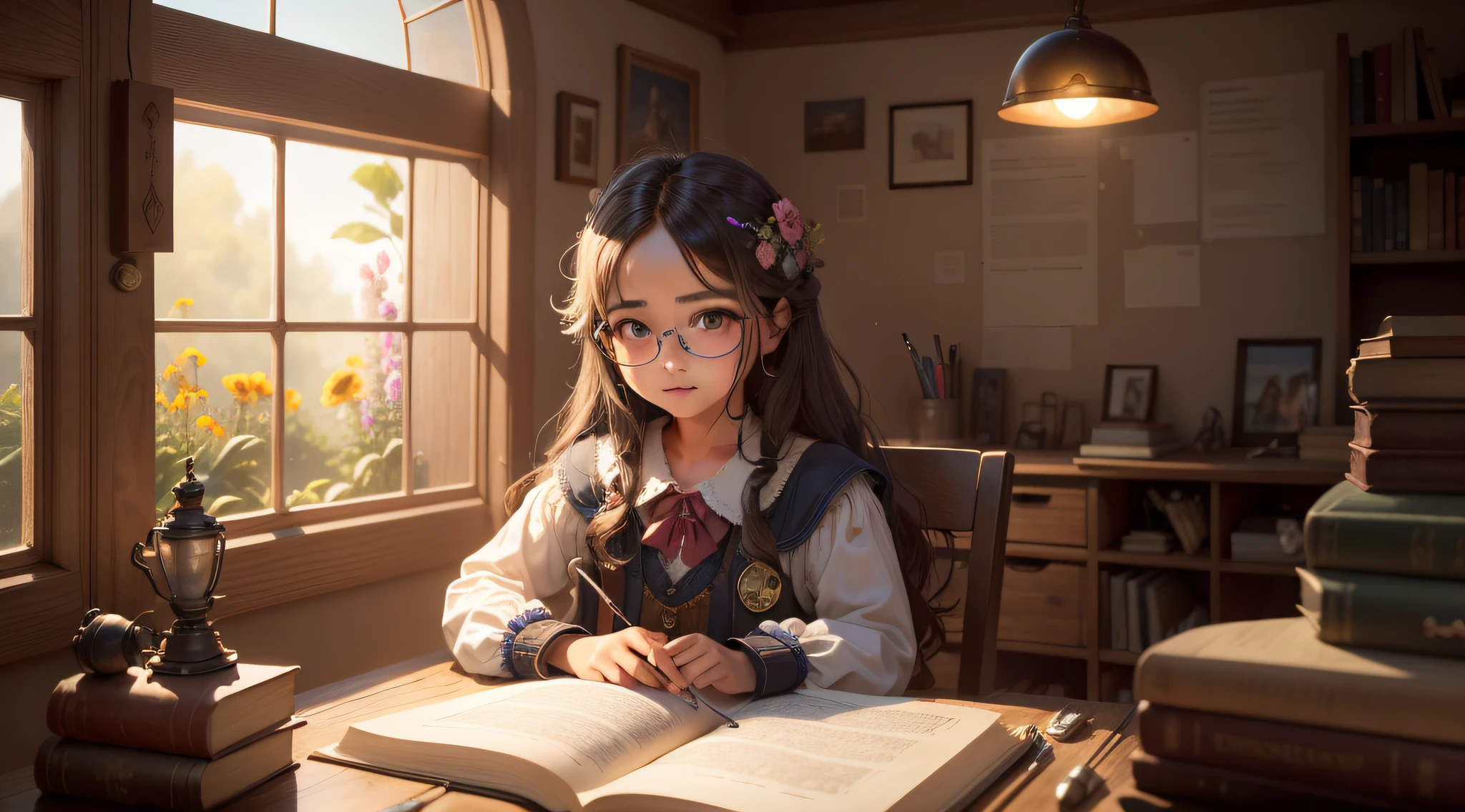 (no punctuation) inventor,Eyeglasses,cabelo preto ondulado,criativo,sorriso brilhante,menino masculino novo,mente curiosa,apaixonado por seu trabalho,oficina cheia de gadgets,Ferramentas,and unfinished inventions,spark of inspiration,Engineering and Physics Books,Cauldron of Ideas,Bizarre and imaginative contraptions on all surfaces,Messy, mas organizado,evokes a sense of wonder and possibility,constant tinnitus of activity and arousal,atmosfera encantada,cores vibrantes e luzes brilhantes,magical artifacts suspended from the ceiling,pequenas fadas flutuantes,each with its own unique brilliance,hummingbirds drinking nectar from colorful flowers,Filtering sunlight through stained glass windows,merge a kaleidoscope of colors on the walls,extravagant music playing softly in the background,magical creatures peeking out the windows,Creations of squeaking watches and ticks,vapor subindo de um bule sobre uma mesa,a design of a flying machine attached to the wall,ever-changing sketches of wild inventions strewn across the floor,riso alegre e tilintar de engrenagens,master part:1.2,ultra-detalhado,Realistic,fotorrealista:1.37,estilo de arte artesanal,Message of imagination and ingenuity,Mysterious and enchanting scenery,profundo senso de possibilidade e sonhos,Hopeful and inspiring environment,evoca uma maravilha e um espanto infantis,captures the magic of dreams and inventions,Celebration of human creativity and curiosity