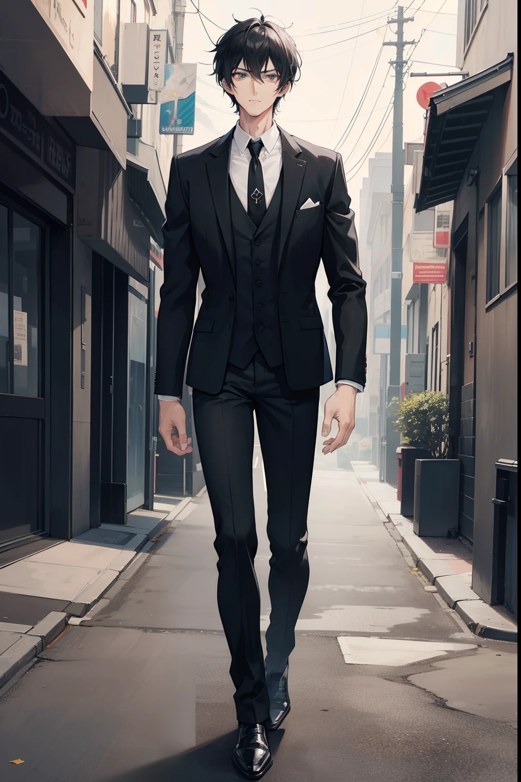 Tall and handsome Anime male, messy short black hair, gray eyes, in a black suit with no tie, black undershirt, formal wear, walking on a street, high resolution, 8k