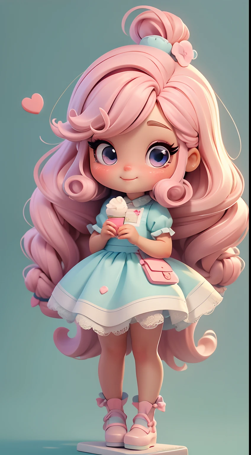 Disney American style, slight side view, cute girl with pink bun hair, some candy decorations on her head, wearing candy-decorated skirt and clothes, holding lollipop in hand, character design, white background