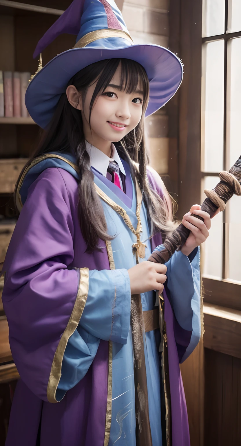 (top-quality、masterpiece:1.2)、Best Quality、realisitic、photoshot、hight resolution、1080p、8K、Textured skin、Physical Rendering、1 Japan Girls、a junior high school student、kawaii、Young Face、Rolled hair、(Wizard's Clothing:1.5)、in a castle、full of shyness、smil、Big