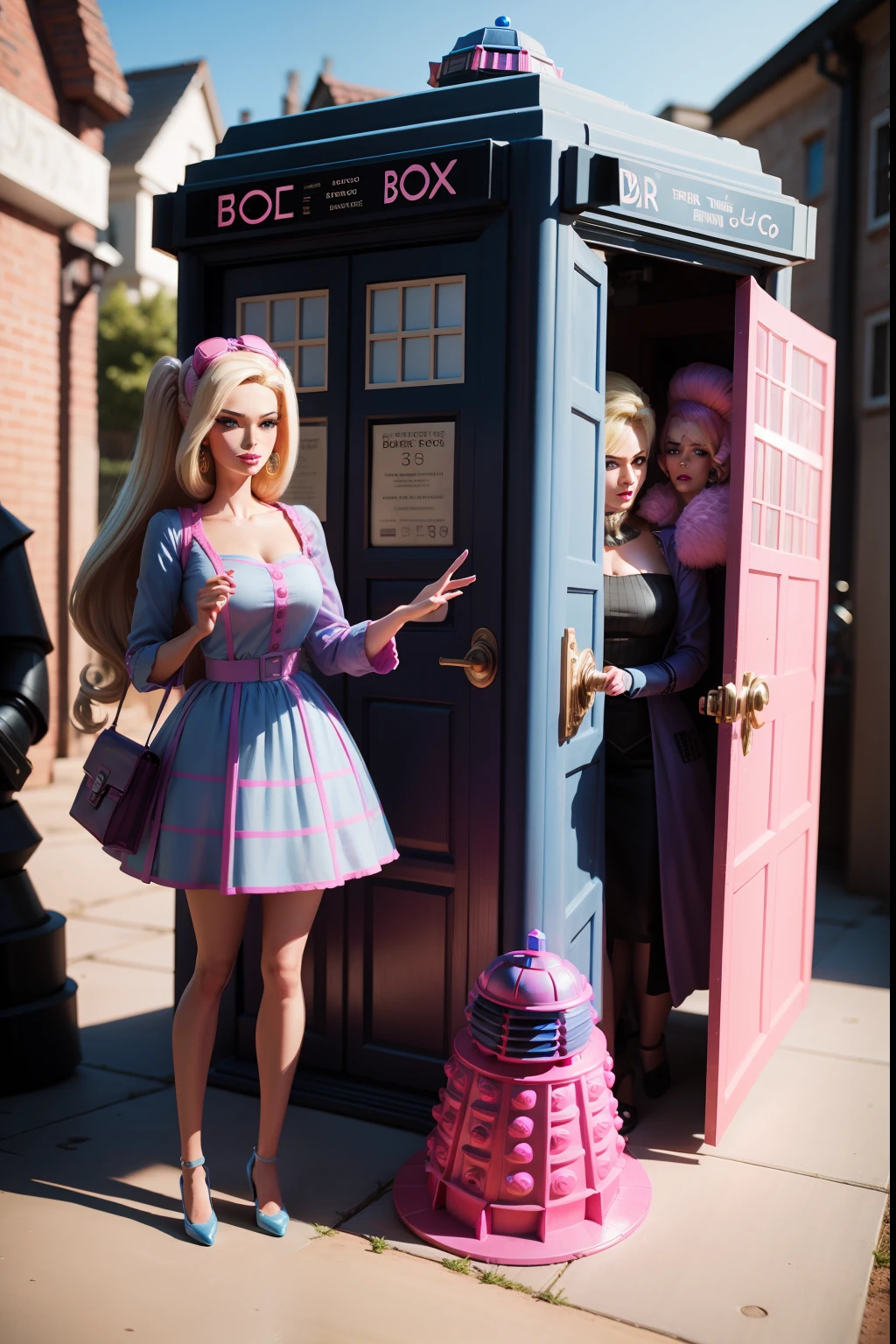 barbie becomes dr who with pink tardis and daleks