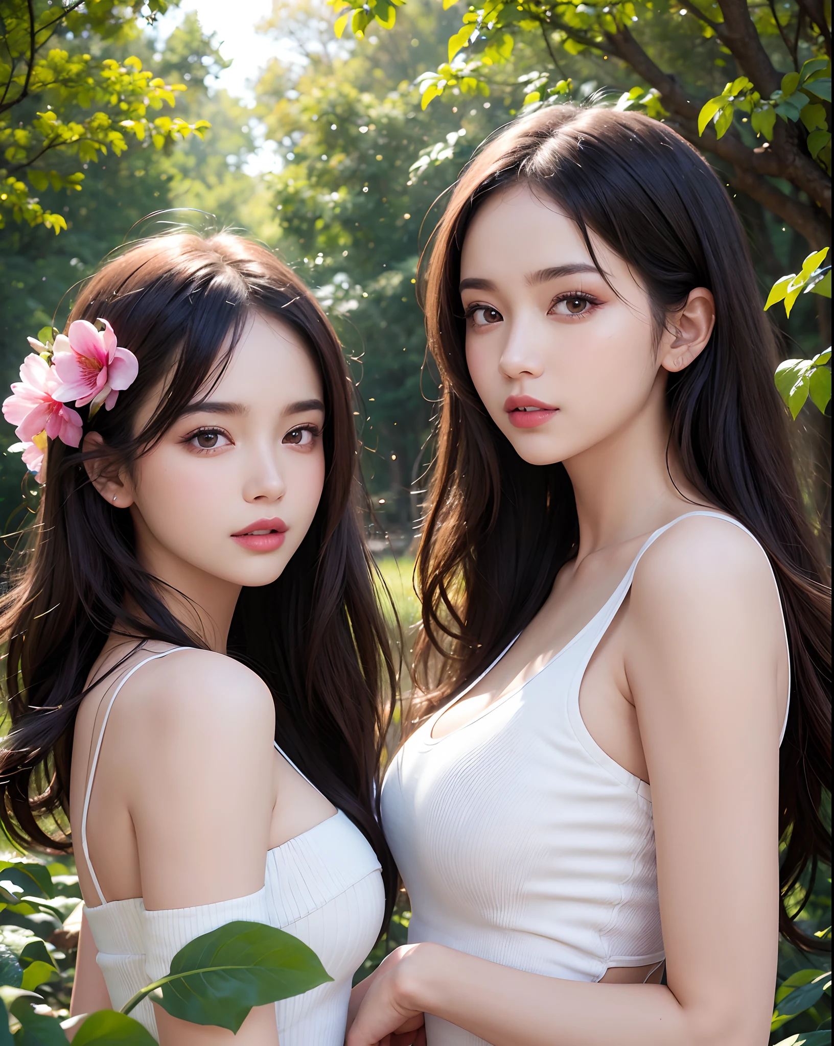 (the main subject: two beautiful slim girls with curves)，(facial details: detailed eyes, perfect eyebrows, soft lips)，(medium: oil painting),(additional details: colorful flowers in the background, sunlight filtering through the trees),(image quality: best quality, high resolution, vivid colors),(art style: portraits),(color tone: warm and vibrant),(lighting: soft natural light highlighting the girls' features).