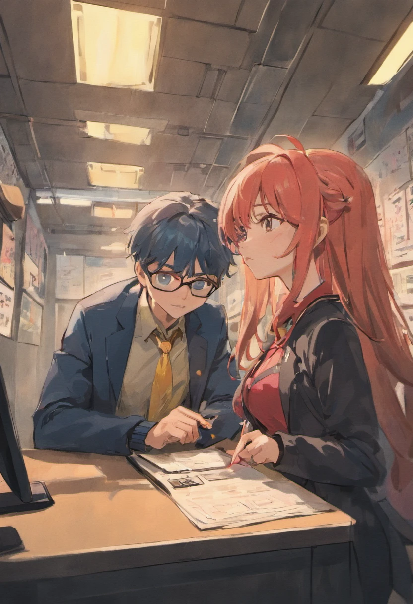 a pretty girl talking with a young man in a police station; the girl wear glasses and non-uniform; the man use a computer to recording; japanese comics cover;