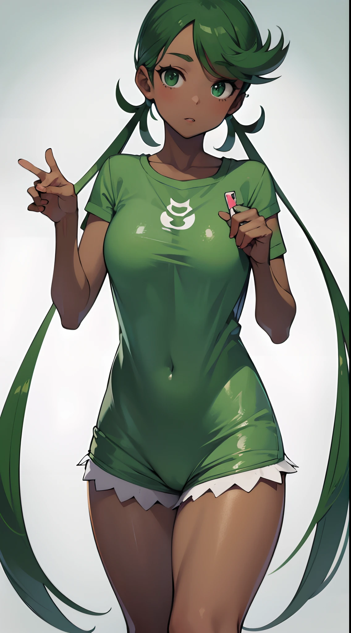 Finely detailed, high resolution, full HD, zodiac_mallow, green hair, dark skin, twin tails, wet t-shirt