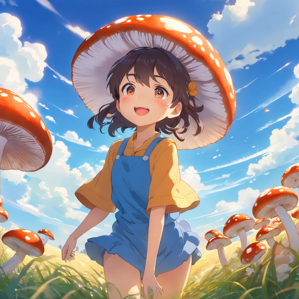 Mushroom man、youkai、Deformed、cool、Lunette de soleil、In the field、blue-sky、suns、white clouds、Laugh eerily、ＳＦ、3D、Intricate picture、Surprise