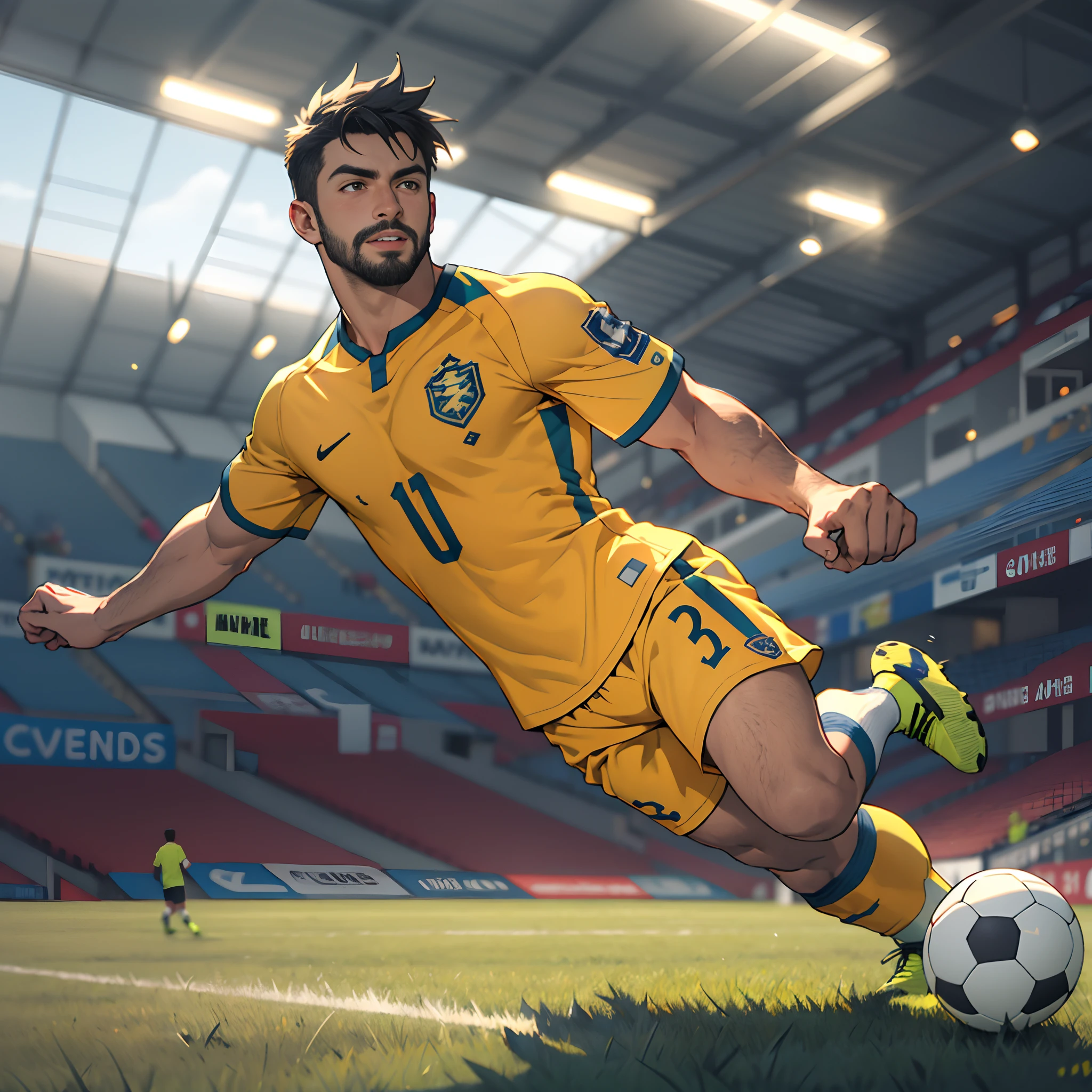 best quality, masterpiece, super high resolution, detailed background, realism, Illustrations, single, 1 boy, soccer field, muscles, volumetric lighting, depth of field, full body, facial hair, soccer player, yellow clothes