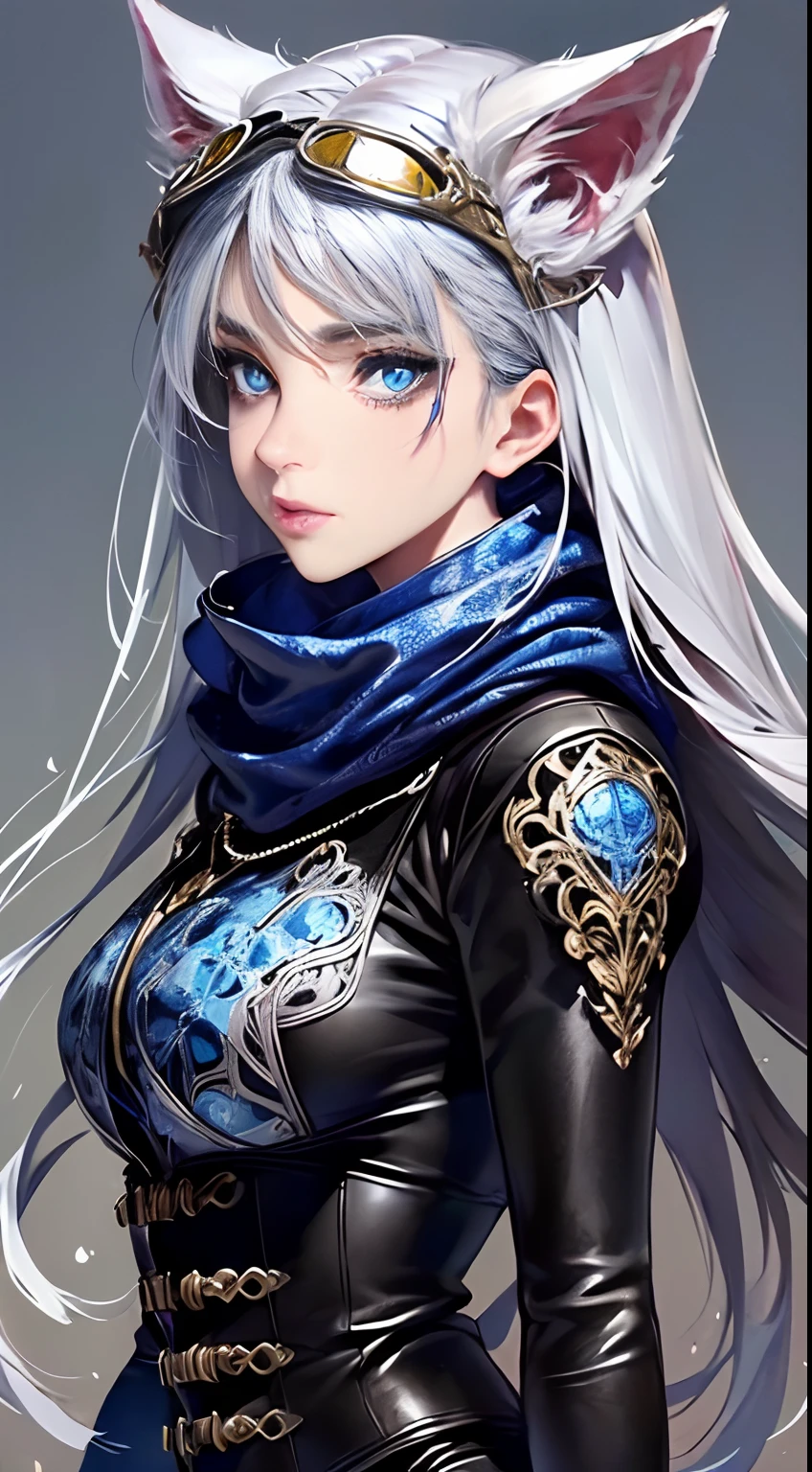 (Top resolution, Distinct_image) Best Quality, Women's masterpieces, Highly detailed, 1womanl，solo person，Half realistic, (Systemic), Silver hair, Bangs, 18 years old, 年轻, Silver Accessories,Short Grey Silver Lace Skirt, (((Perfect face:1))), Sharp face, (bright blue almond eyes), (standing painting), (Exquisite facial features, Exquisite facial features), adolable, ((Silver bodysuit with intricate design)), Silvery little cat ears, (((Wearing leather goggles with blue lenses))), ((Black scarf with blue floral pattern and intricate design)), Dark large bamboo forest on background, abandoned houses,