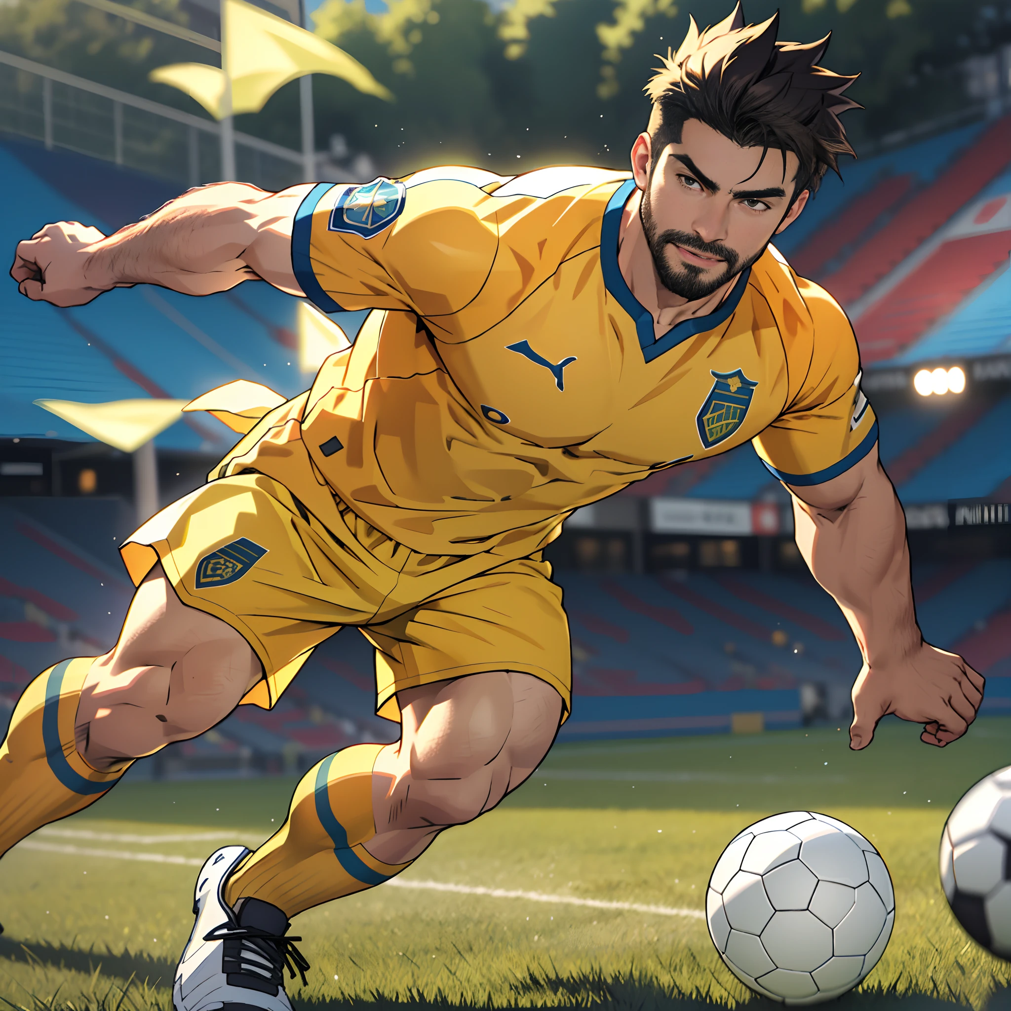 best quality, masterpiece, super high resolution, detailed background, realism, Illustrations, single, 1 boy, soccer field, muscles, volumetric lighting, depth of field, full body, facial hair, soccer player, yellow clothes