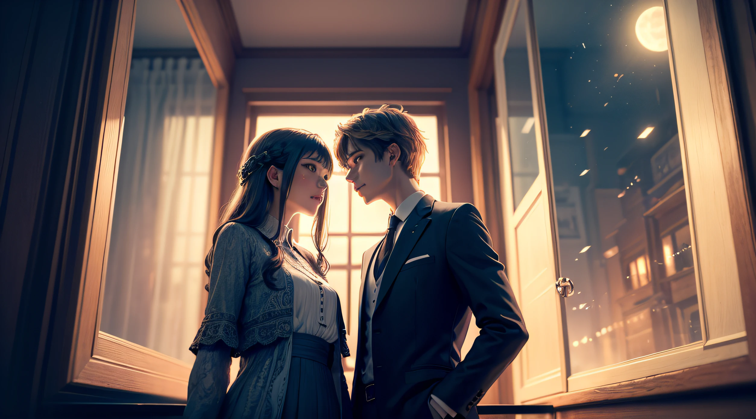 couple ,The boy looked at the girl dotingly,aristocratic clothes,the night,In front of the window,Moonlight shines on the two people,Love & Producer --auto
