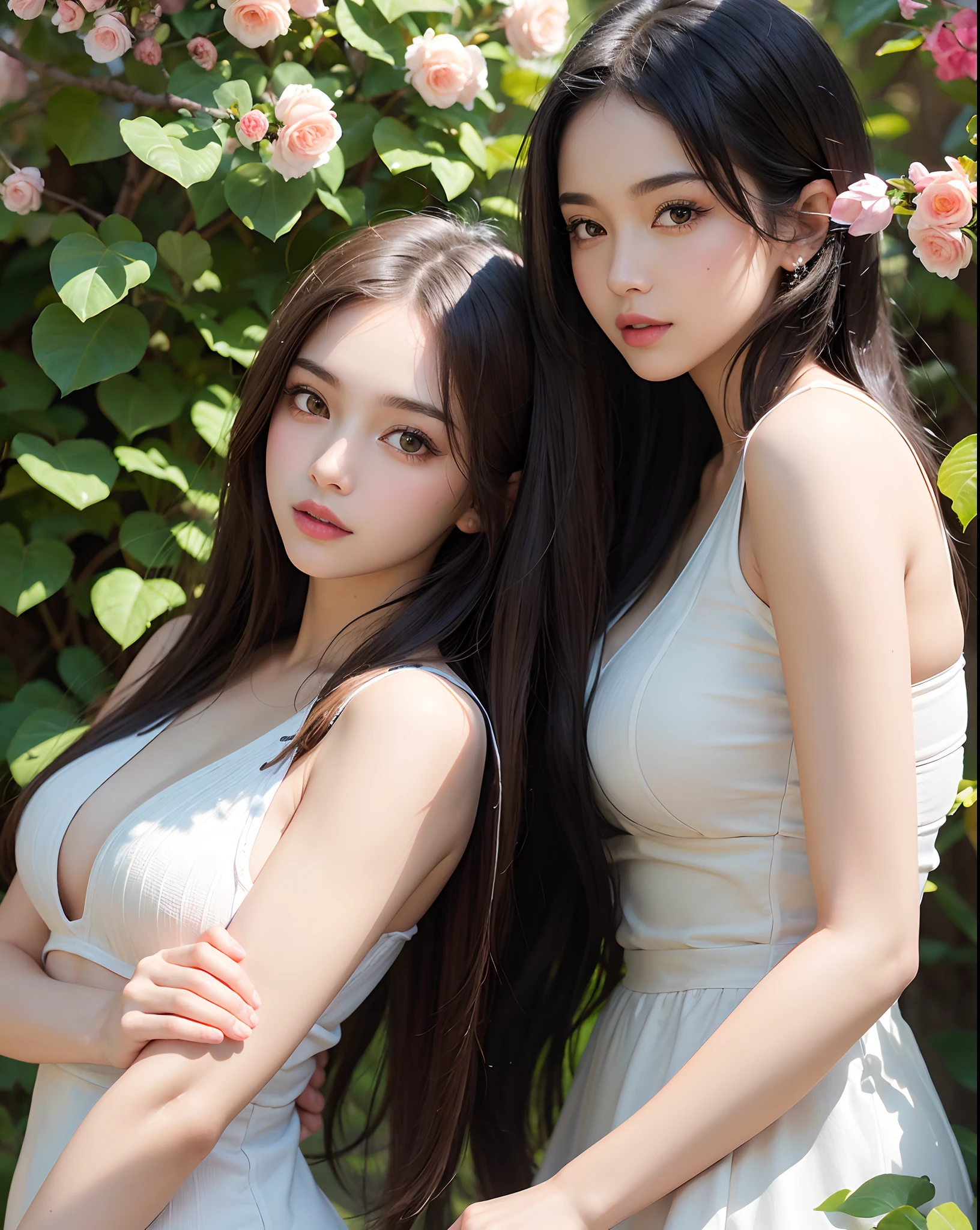 (the main subject: two beautiful slim girls with curves),(facial details: detailed eyes, perfect eyebrows, soft lips),(medium: oil painting),(additional details: colorful flowers in the background, sunlight filtering through the trees),(image quality: best quality, high resolution, vivid colors),(art style: portraits),(color tone: warm and vibrant),(lighting: soft natural light highlighting the girls' features).