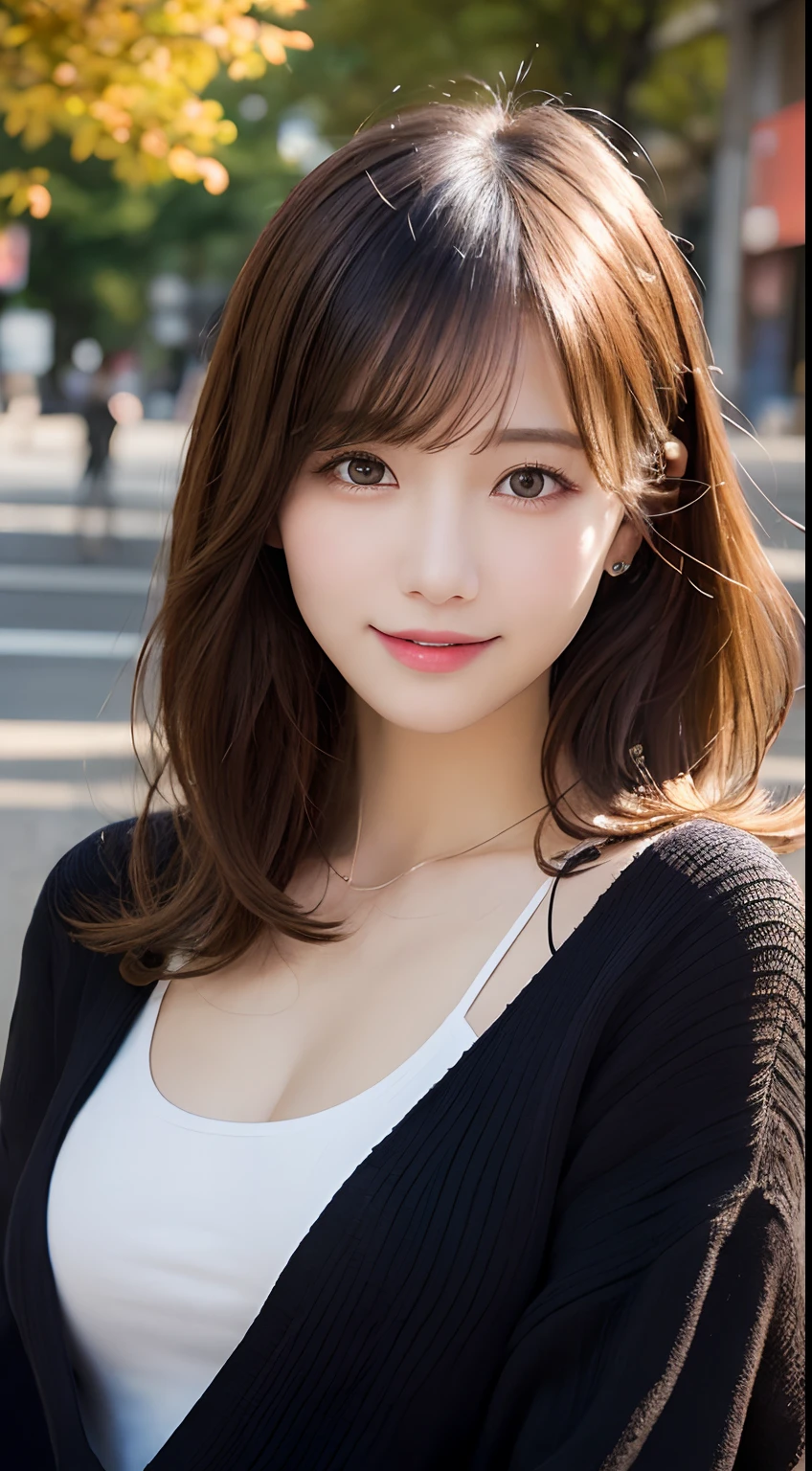 masutepiece, Best Quality, Illustration, Ultra-detailed, finely detail, hight resolution, 8K Wallpaper, Perfect dynamic composition, Beautiful detailed eyes, Women's Fashion Autumn,Medium Hair,Small breasts natural color lip, Bold sexy poses,Smile,Harajuku、20 years girl、Cute、Sexy shot looking at camera