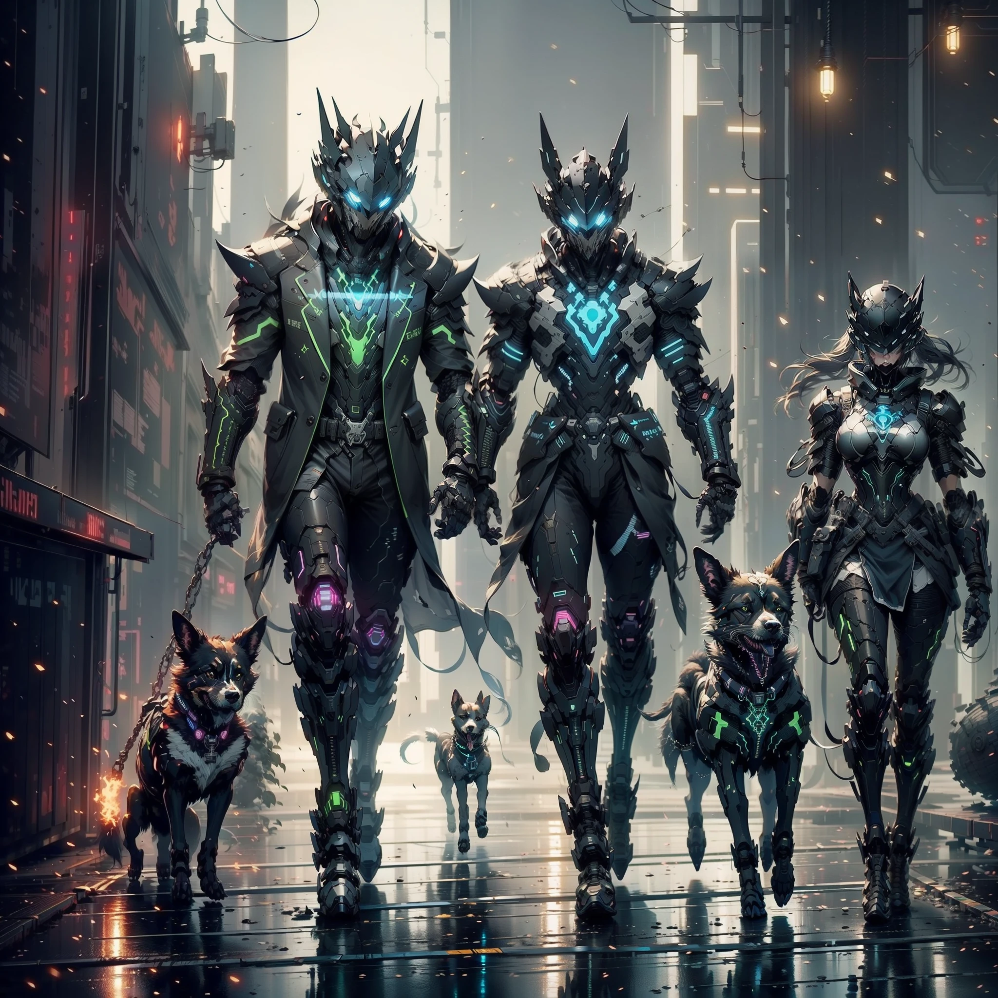 there is a man in a black and green outfit with a backpack, cyberpunk streetwear, cyberpunk suit, cyberpunk street goon, cyberpunk wearing, cyberpunk techwear, muted cyberpunk style, has cyberpunk style, style of cyberpunk, wearing cyberpunk streetwear, cyberpunk soldier, hyper-realistic cyberpunk style, cyberpunk character design, all black cyberpunk clothes, cyborg pet k9 unit in cyber armour, cyberpunk clothes, dog, k9 unit, walking with a cyborg dog