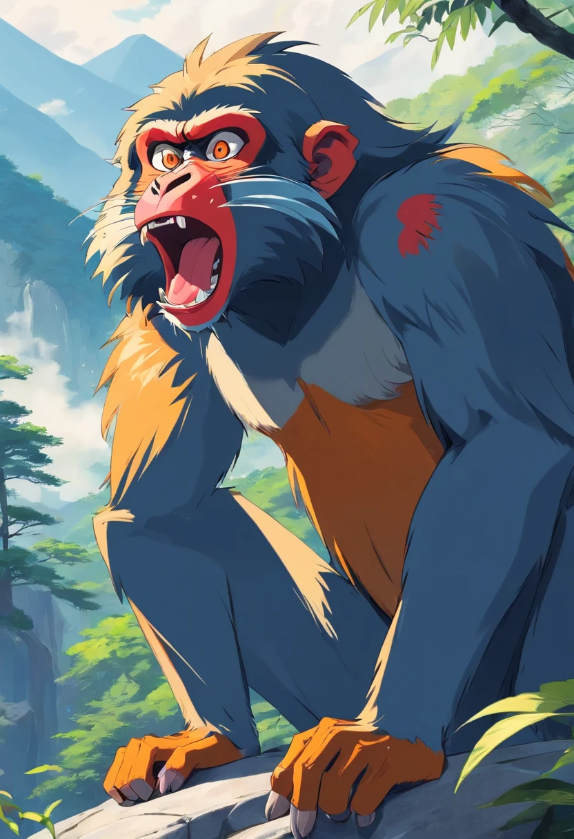 Wild monkey mandrill，Fierce face，Raise your hand，onthe mountain，white backgrounid，solid color backdrop，(Chinese folk suspense supernatural comic style),High detail, Sharp focus, Dramatic