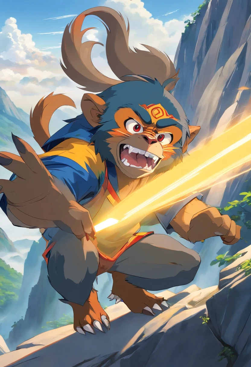 Wild monkey mandrill,Fierce face,Raise your hand,onthe mountain,white backgrounid,solid color backdrop,(Chinese folk suspense supernatural comic style),High detail, Sharp focus, Dramatic